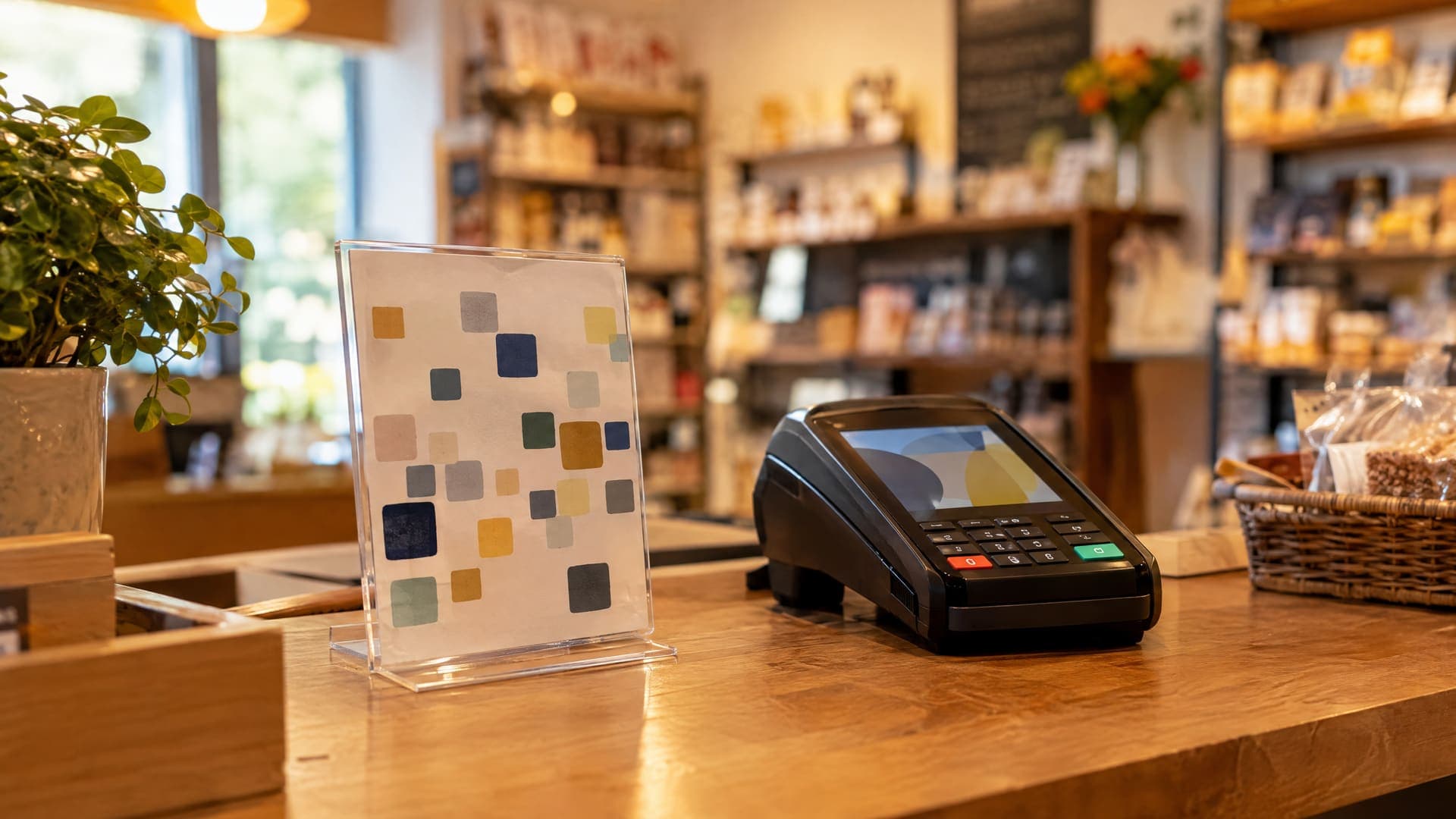 Kleiner Aufsteller mit abstraktem QR-Code auf einem Ladentresen neben einem Kartenlesegerät, unscharfer Laden im Hintergrund, kein lesbarer Text