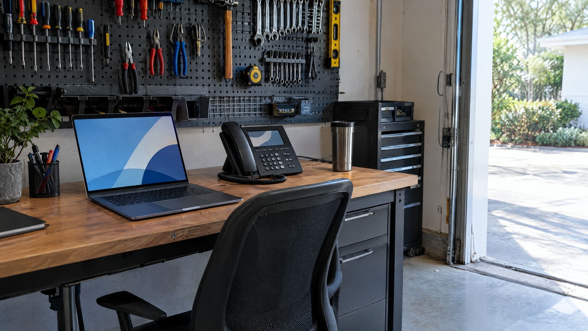 Kleines Büro in einer Garage mit Laptop, Telefon und Werkzeugwand, kein Kundenbereich erkennbar