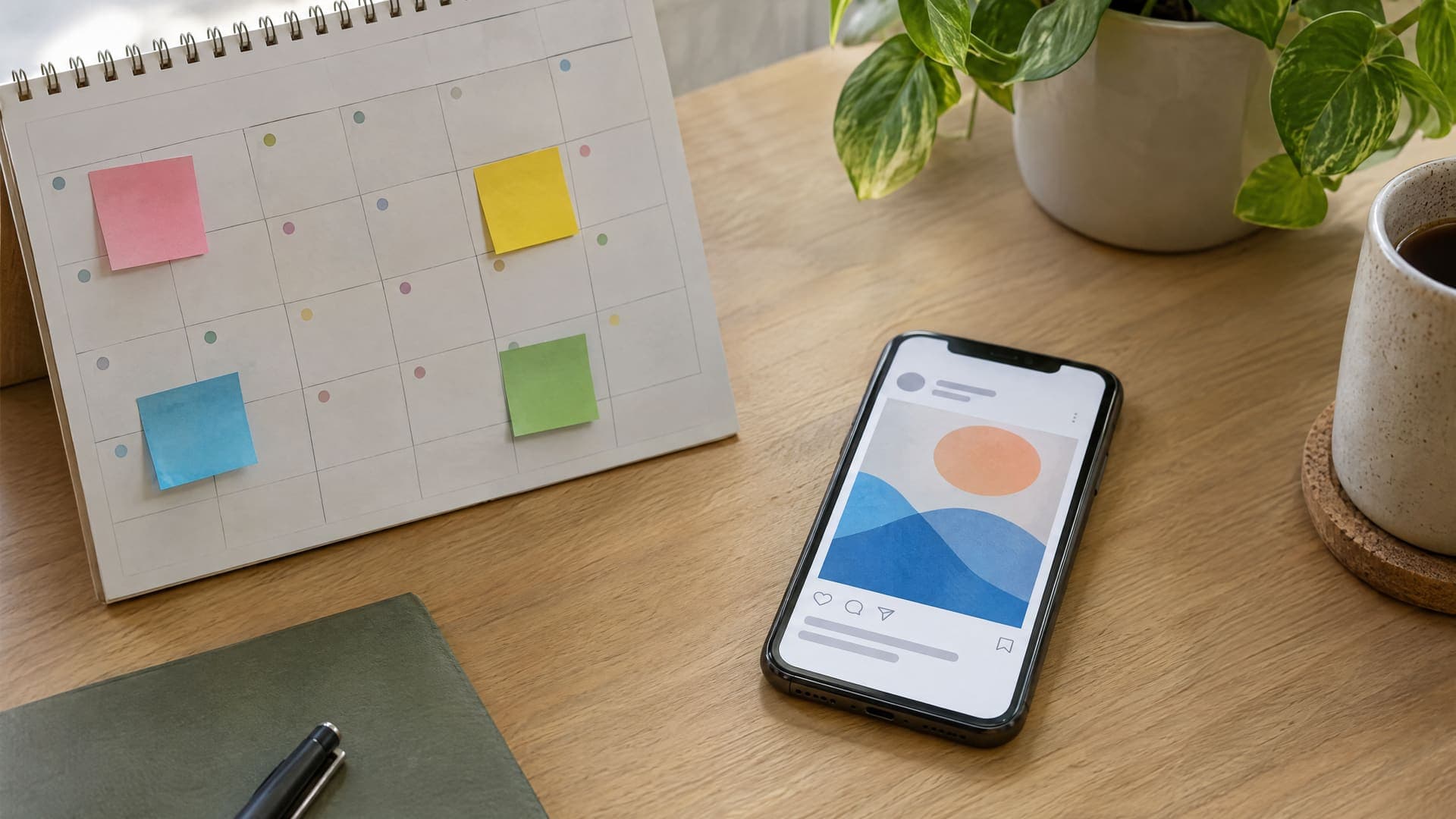 Wandkalender mit farbigen Haftnotizen neben einem Smartphone mit abstrakter Beitragsvorschau auf einem Schreibtisch
