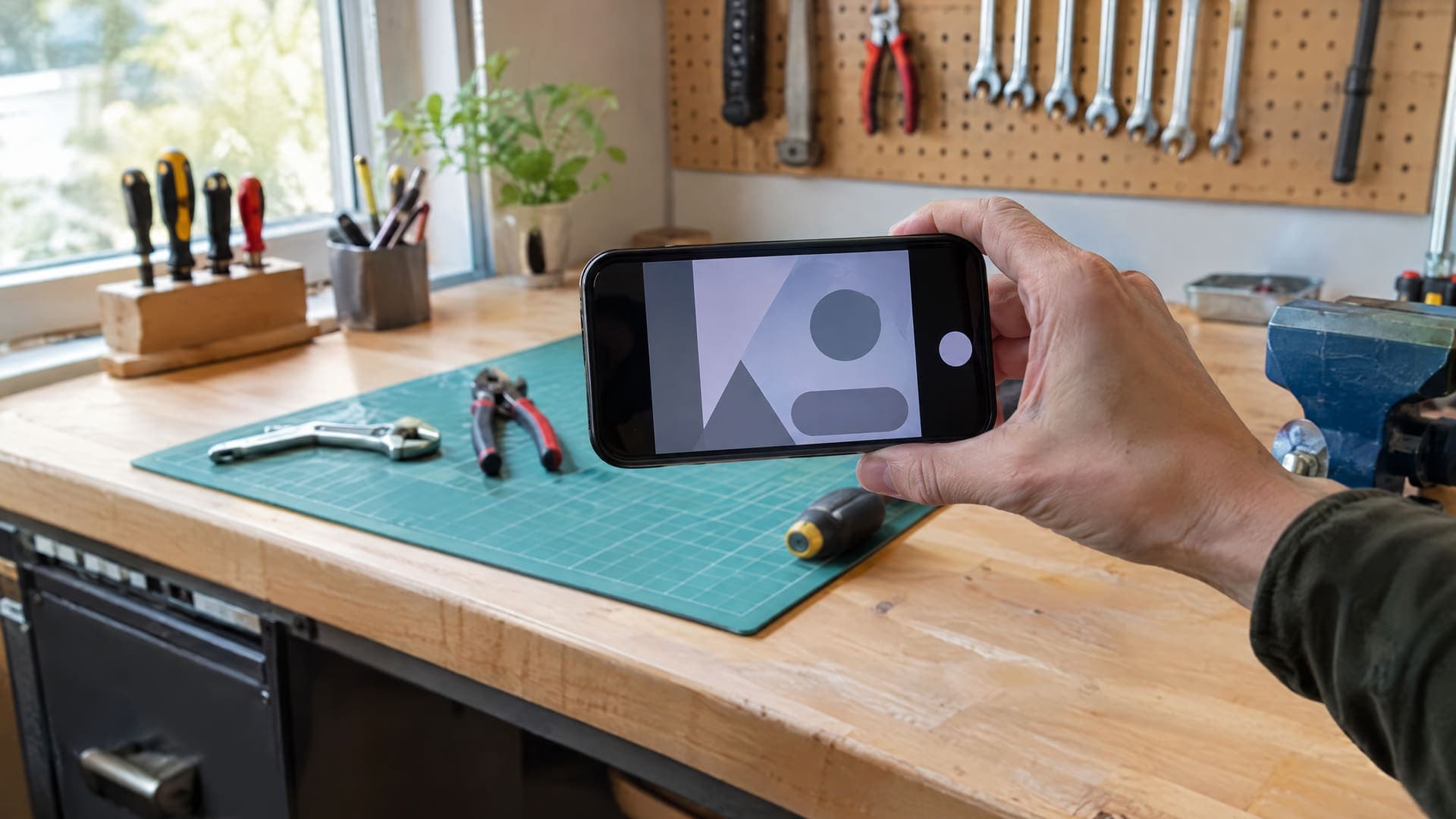 Hand fotografiert mit dem Smartphone eine aufgeräumte Werkbank mit Werkzeug im Tageslicht