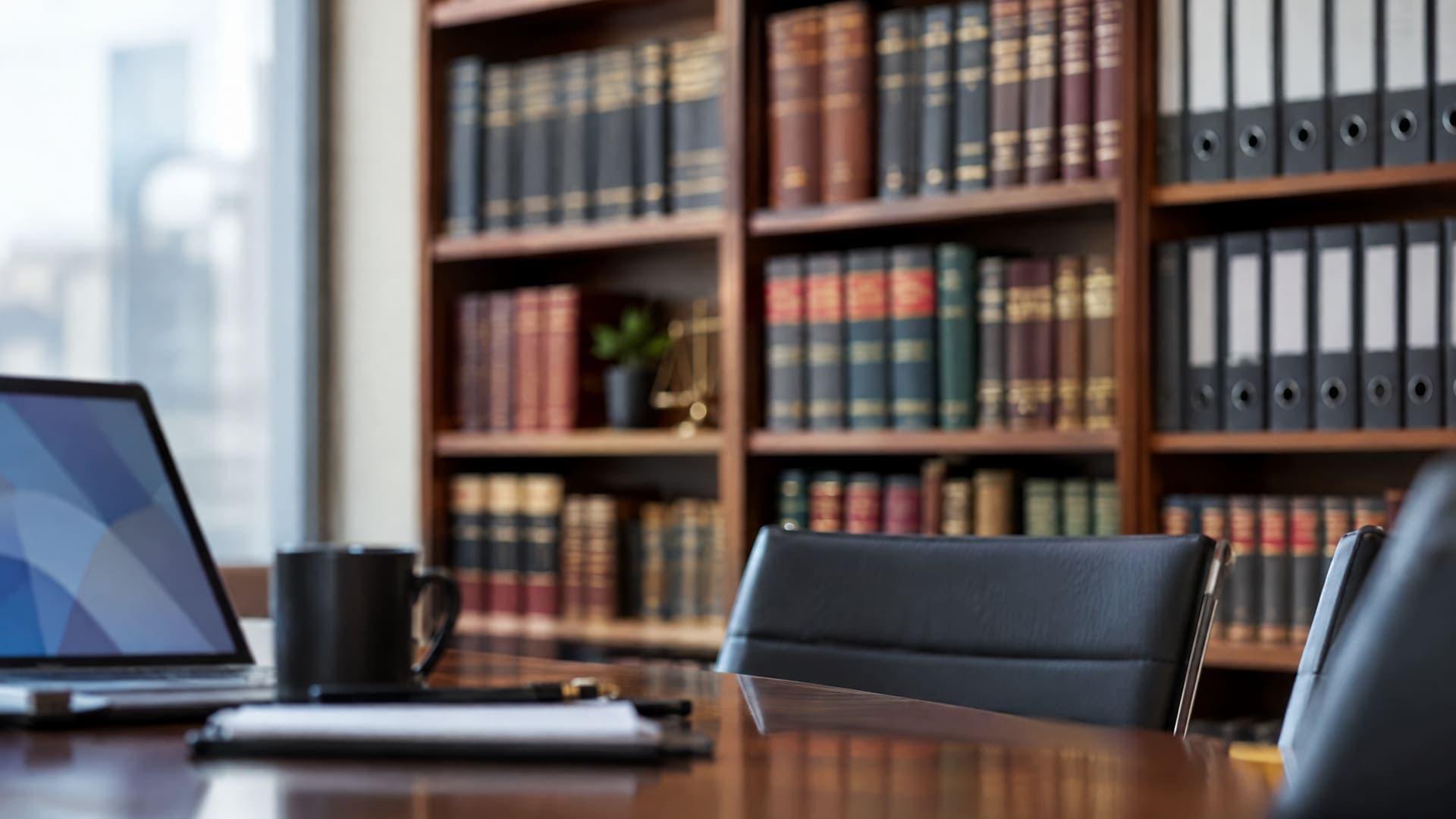 Bücherregal mit Gesetzbüchern und Ordnern in einem Besprechungszimmer, Rückenbeschriftungen unleserlich