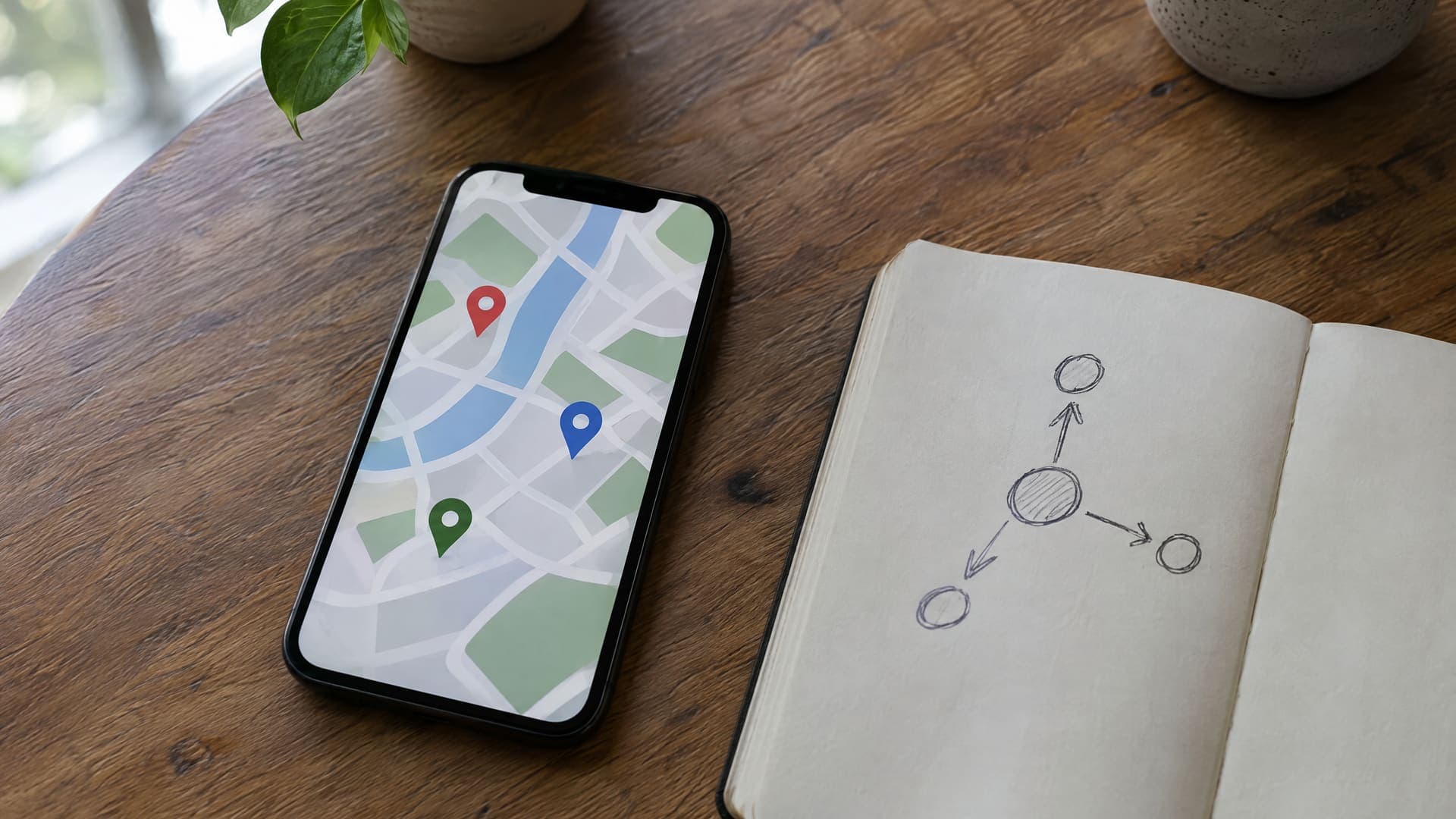 Smartphone mit abstrakter Kartenansicht und drei Markierungen neben einem aufgeschlagenen Notizbuch mit Pfeilskizze auf einem Holztisch, Schrift unleserlich