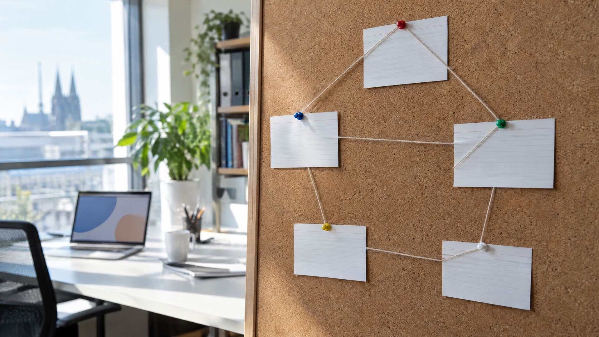 Pinnwand mit fünf Karteikarten und gespannten Fäden zwischen den Karten in einem hellen Büro, Karten ohne lesbare Schrift
