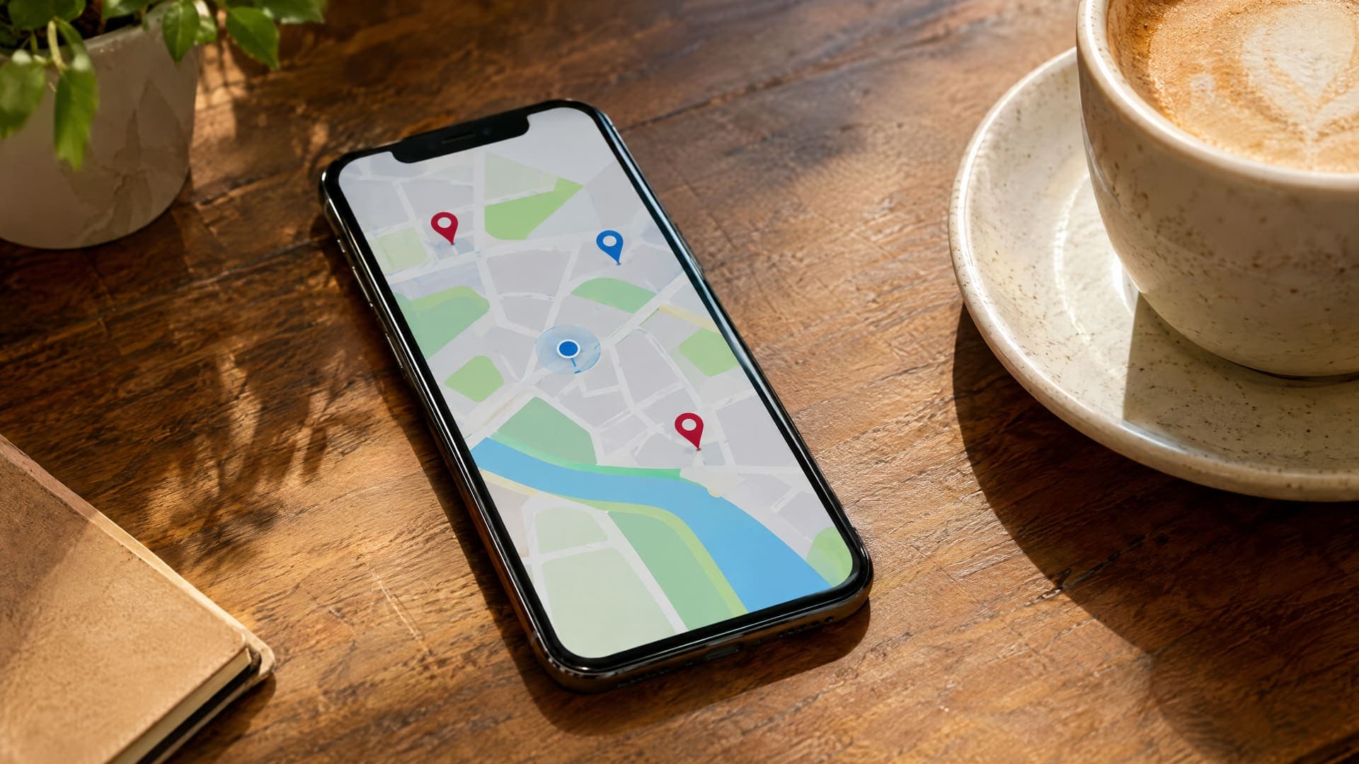 Smartphone zeigt eine abstrakte Kartenansicht mit Markierungen in einem Café neben einer Tasse