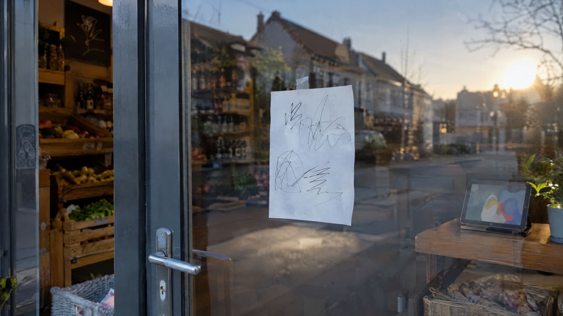 Glastür eines kleinen Ladens mit einem handgeschriebenen Zettel an der Scheibe, Schrift unleserlich