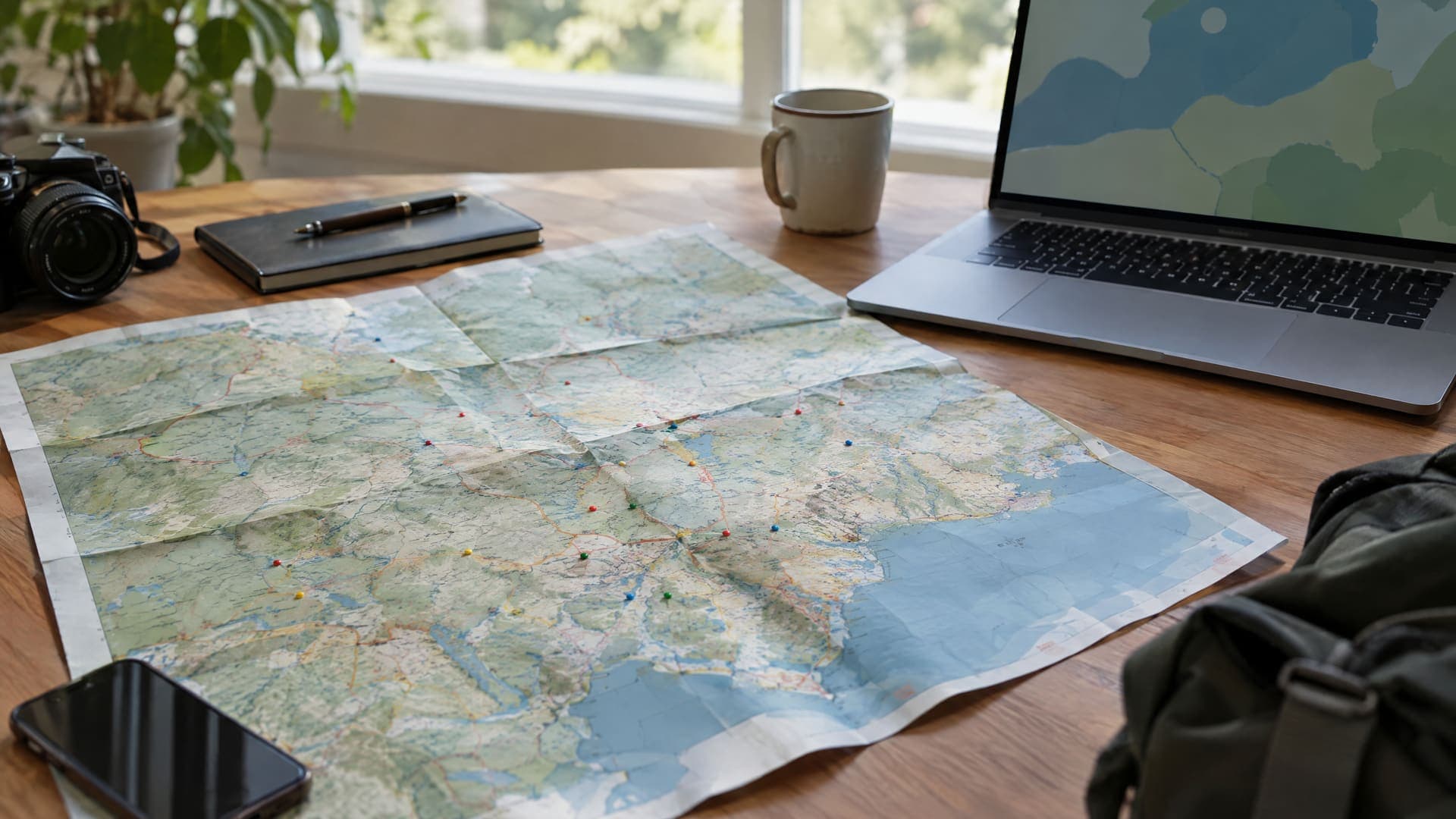 Aufgeklappte Regionalkarte mit Markierungen neben einem Laptop auf einem Schreibtisch, Kartenbeschriftung unleserlich