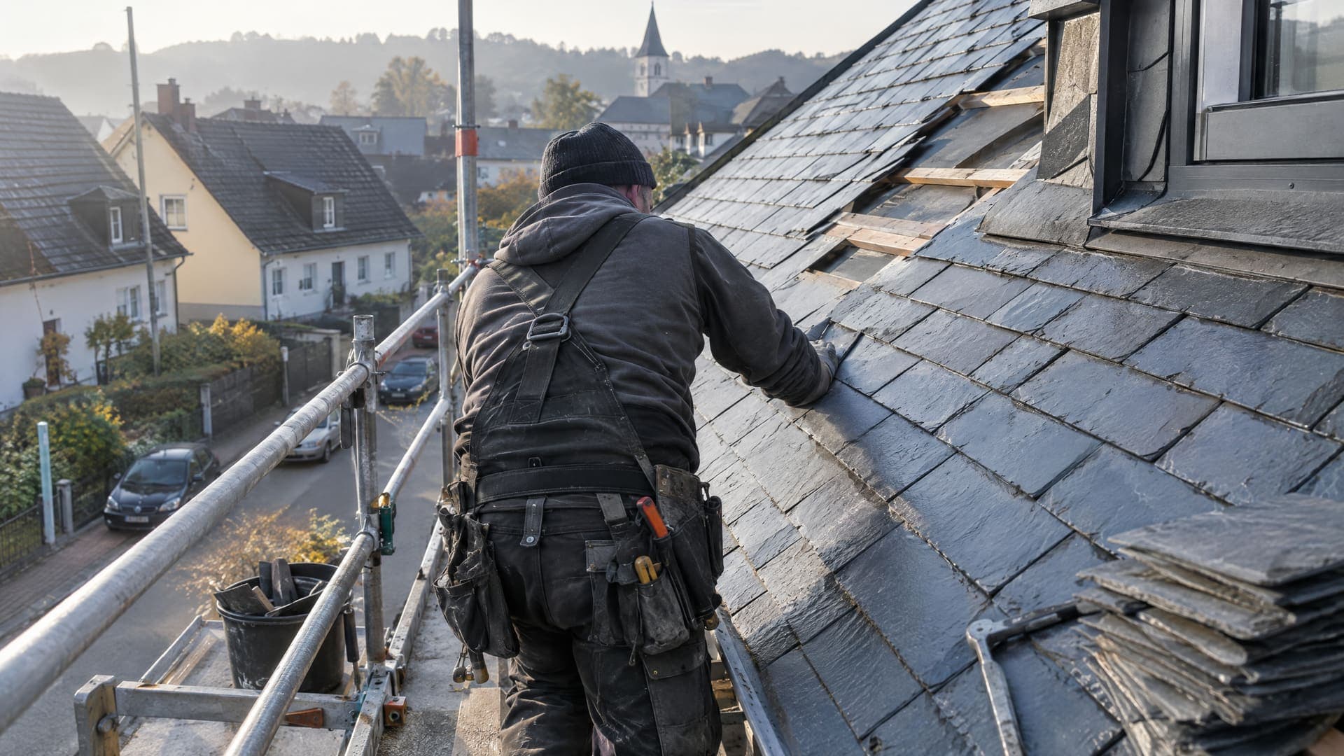 Handwerker von hinten auf einem Gerüst bei Dacharbeiten im Morgenlicht, Gesicht nicht sichtbar