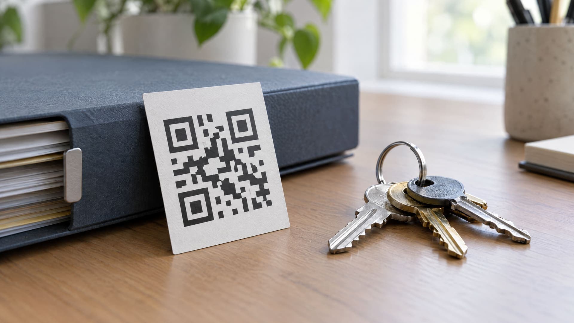 Kleine Karte mit abstraktem QR-Code, die an einer Unterlagenmappe lehnt, daneben ein Schlüsselbund auf einem Schreibtisch, kein lesbarer Text