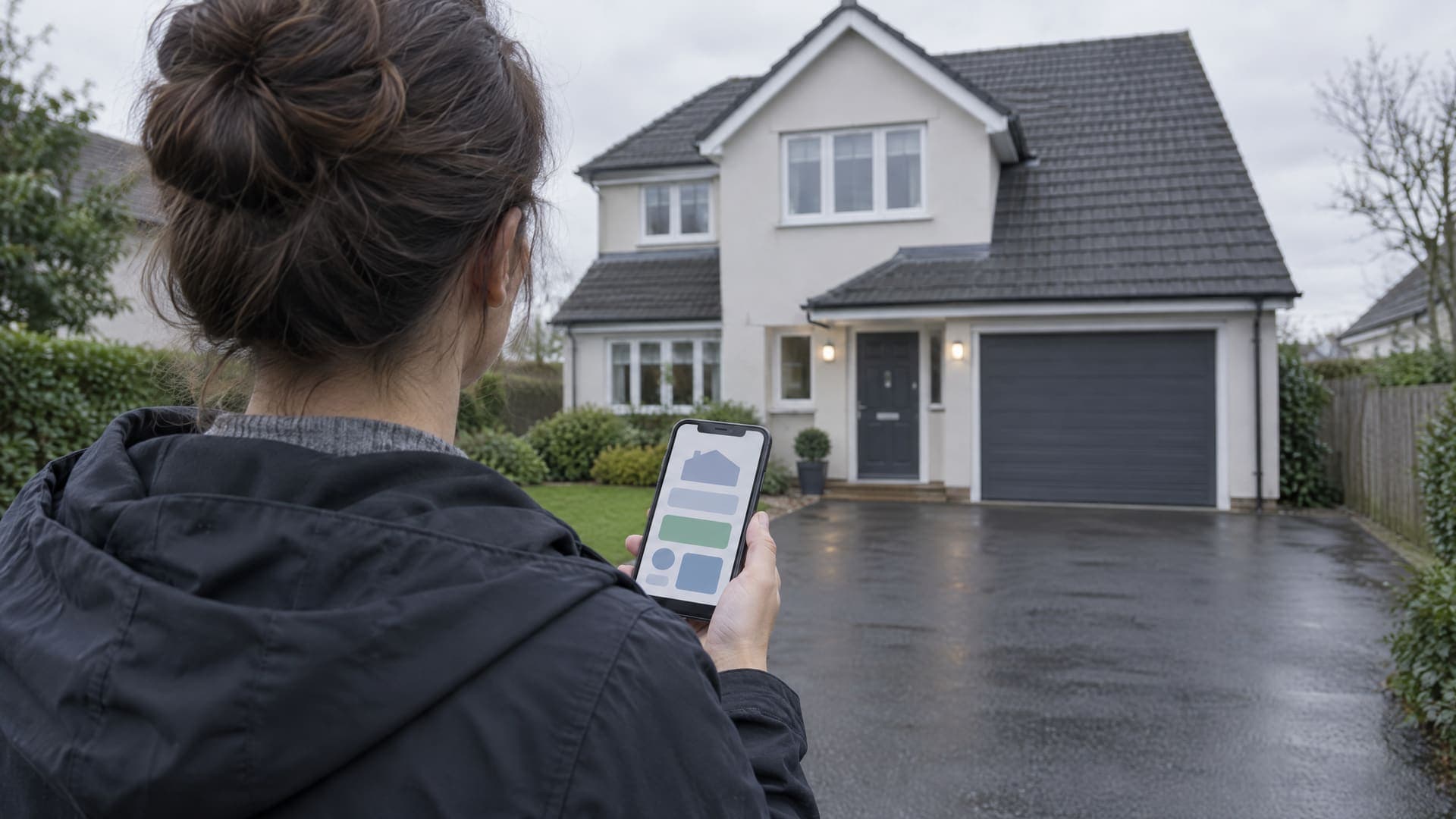 Eigentümer von hinten vor einem Einfamilienhaus mit Einfahrt, in der Hand ein Smartphone, das eine abstrakte Formularansicht zeigt, Gesicht nicht sichtbar