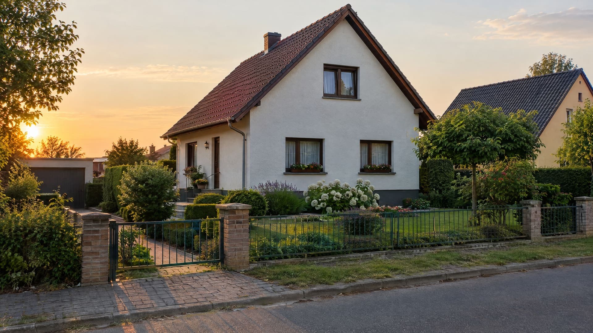 Einfamilienhaus mit Satteldach und gepflegtem Vorgarten in einer Brandenburger Siedlung im Licht der tiefstehenden Sonne, keine Personen