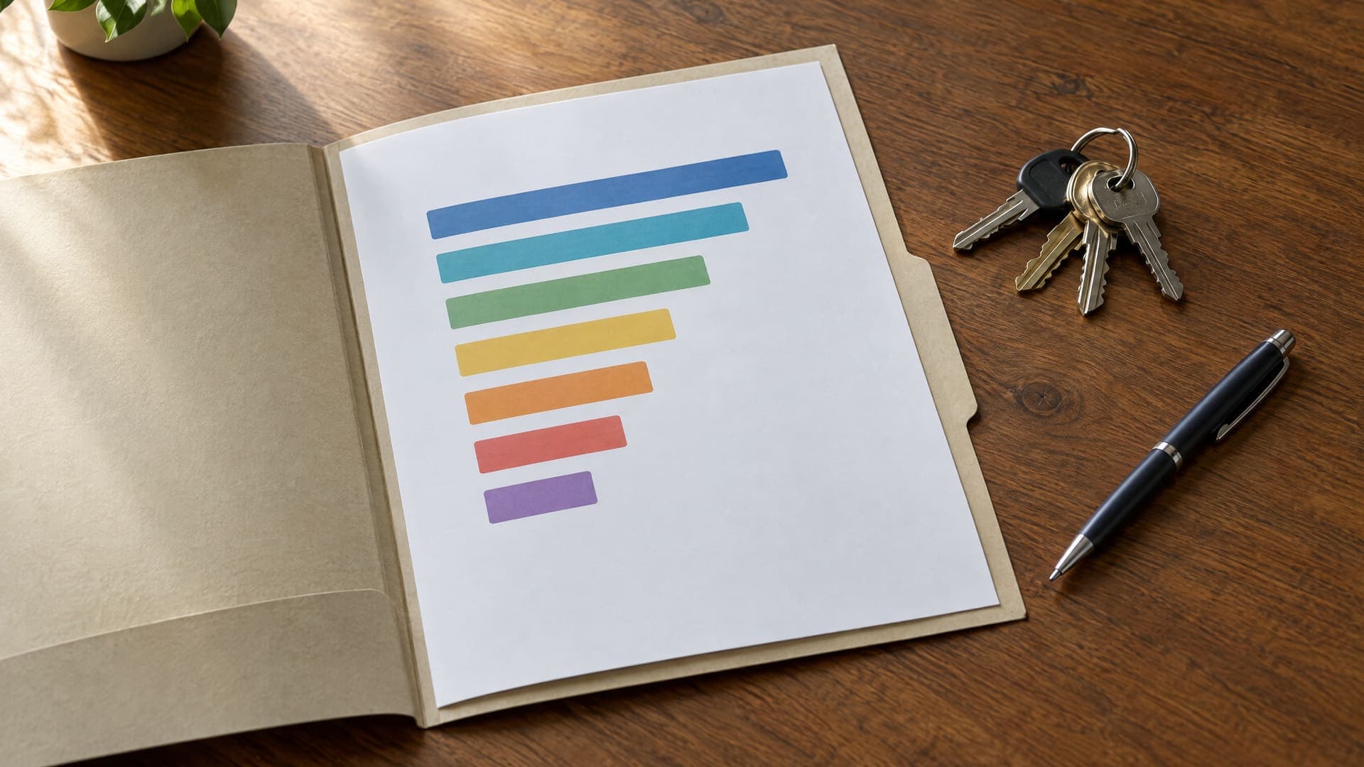 Aufgeschlagene Mappe mit einem Dokument, auf dem eine farbige Skala aus abstrakten Balken zu sehen ist, daneben Schlüsselbund und Stift auf einem Holztisch, Text nicht lesbar