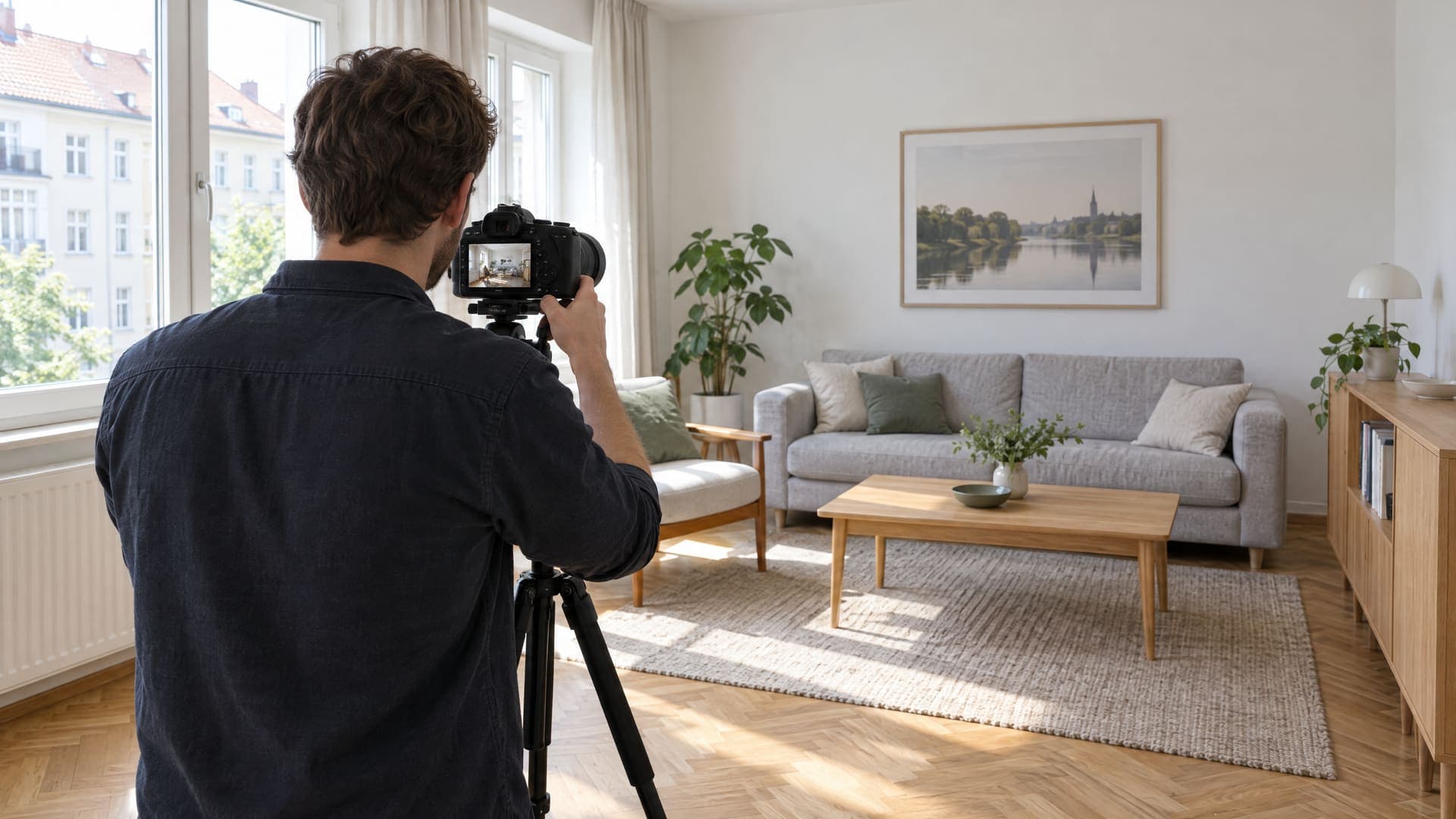 Fotograf von hinten mit Kamera auf einem Stativ in einem hellen, aufgeräumten Wohnzimmer, Gesicht nicht sichtbar, Fensterlicht von der Seite