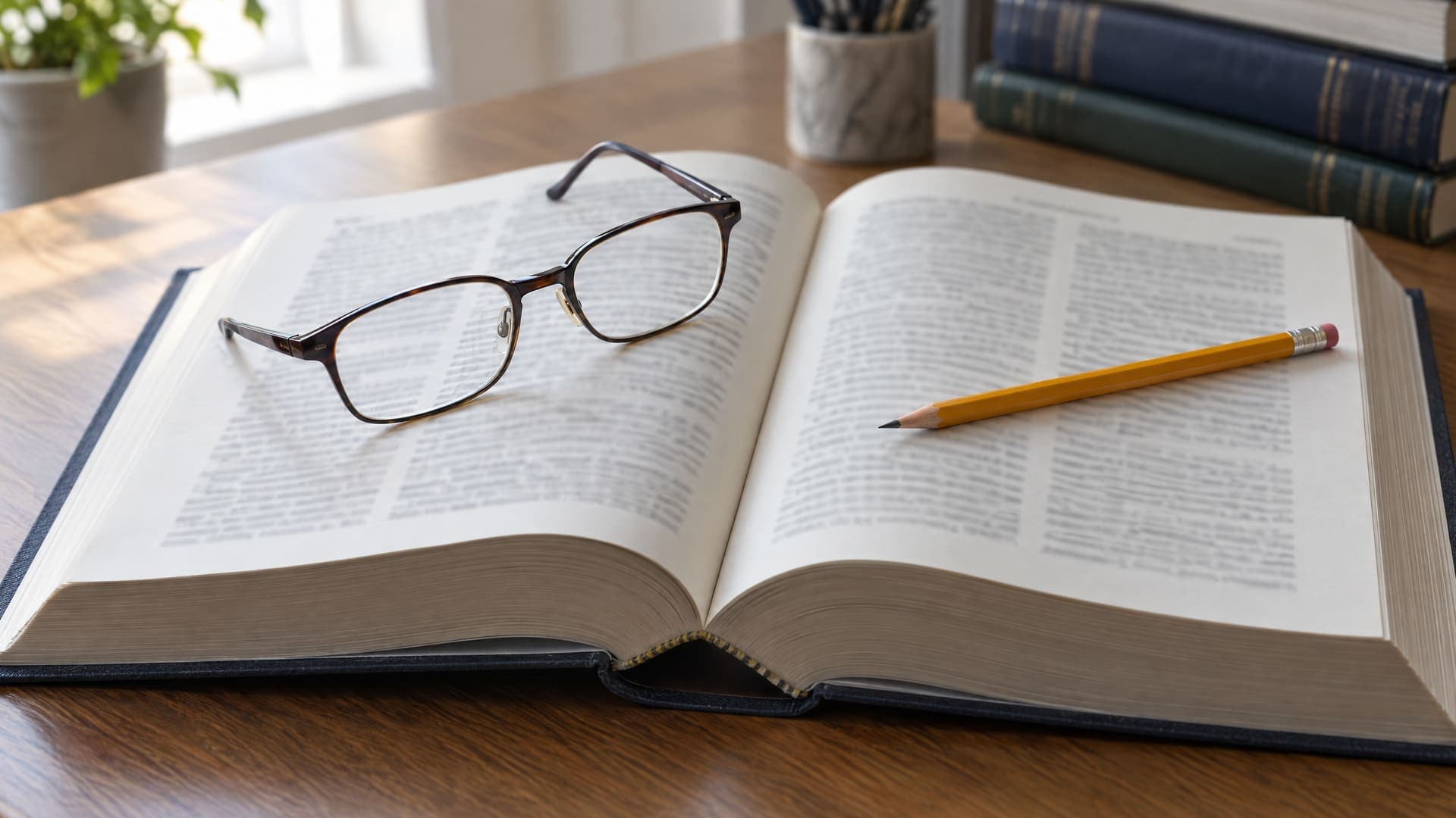 Dicker gebundener Band mit Gesetzestexten, aufgeschlagen, daneben eine Lesebrille und ein Bleistift auf einem Schreibtisch, Schrift nicht lesbar