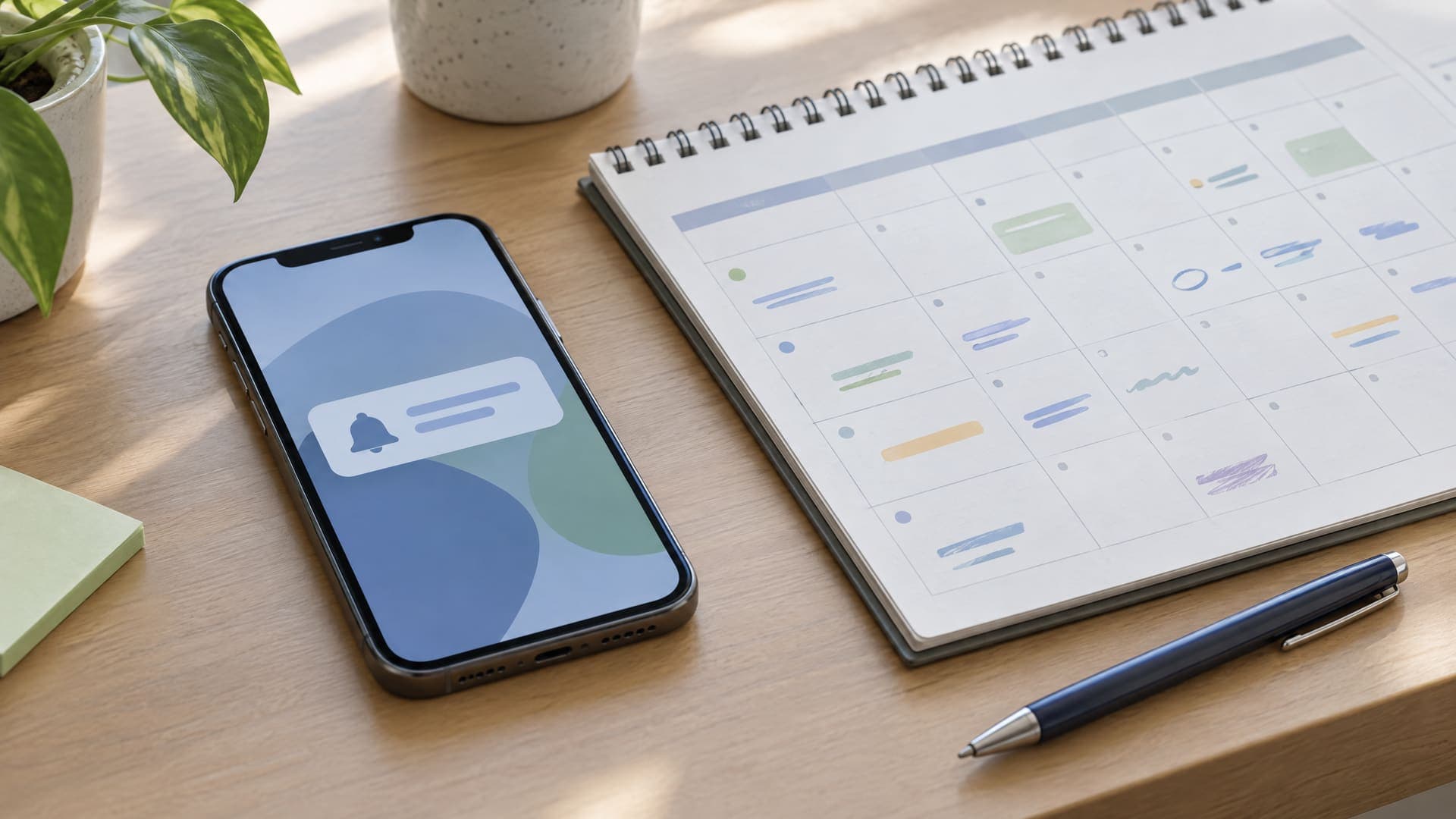 Smartphone auf einem Schreibtisch mit einer abstrakten Erinnerungsbenachrichtigung, daneben ein aufgeschlagener Wandkalender ohne lesbare Einträge und ein Stift