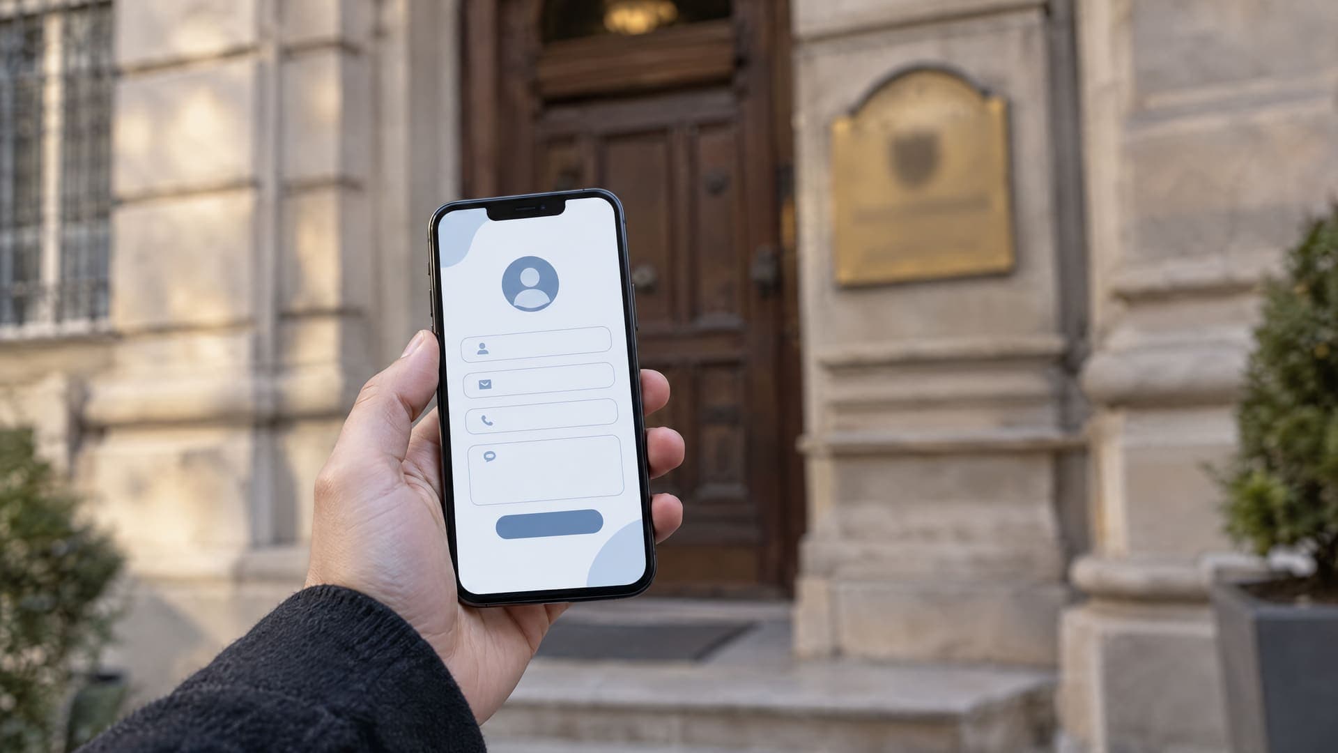 Hand hält ein Smartphone mit einem abstrakten Kontaktformular vor der Haustür eines Altbaus, Gesicht nicht sichtbar, Türschild nicht lesbar
