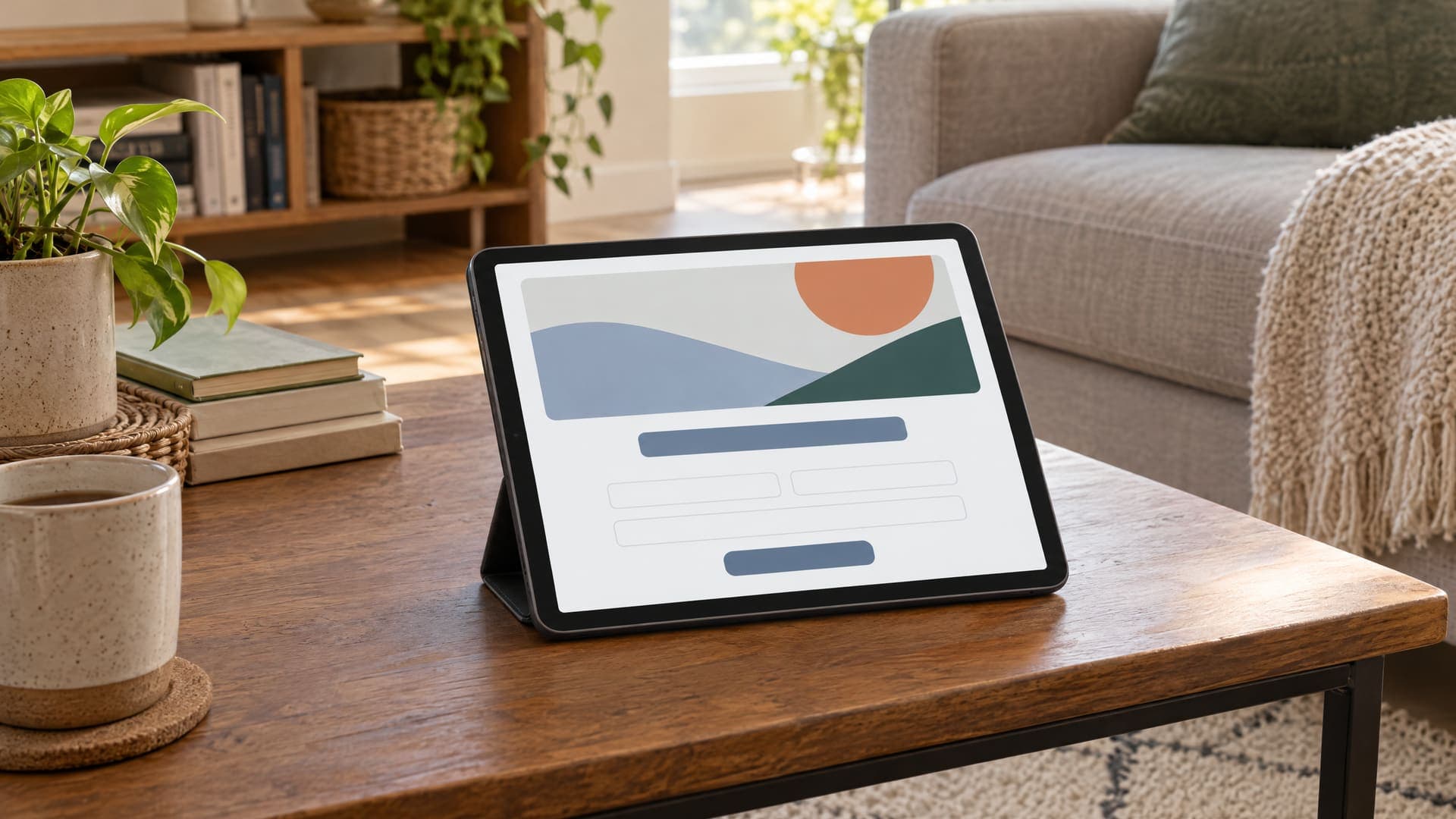 Tablet auf einem Couchtisch in einem Wohnzimmer mit einer abstrakten Landingpage aus Bild, Überschriftenblock und Formularfeldern, Text nicht lesbar