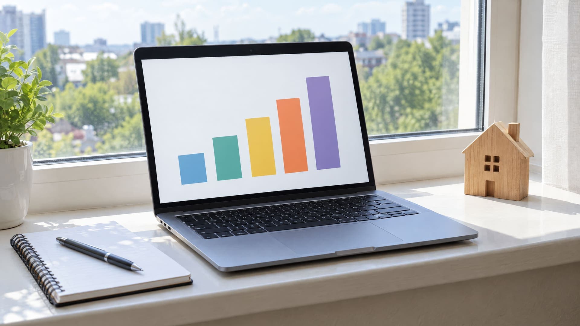 Laptop mit einem Balkendiagramm aus abstrakten Säulen auf einer Fensterbank, daneben ein Notizbuch und ein kleines Hausmodell, Zahlen und Text nicht lesbar