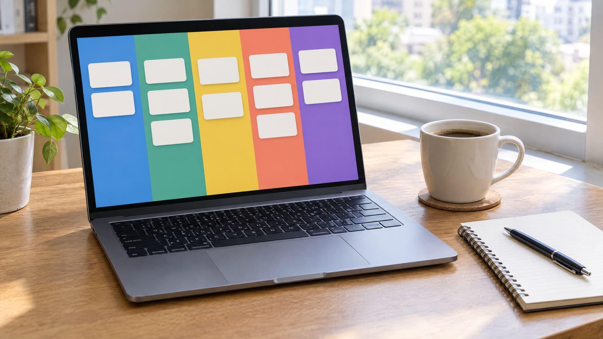 Laptop auf einem Schreibtisch mit einer Ansicht aus farbigen Spalten und Karten ohne lesbaren Text, daneben eine Kaffeetasse und ein Notizblock