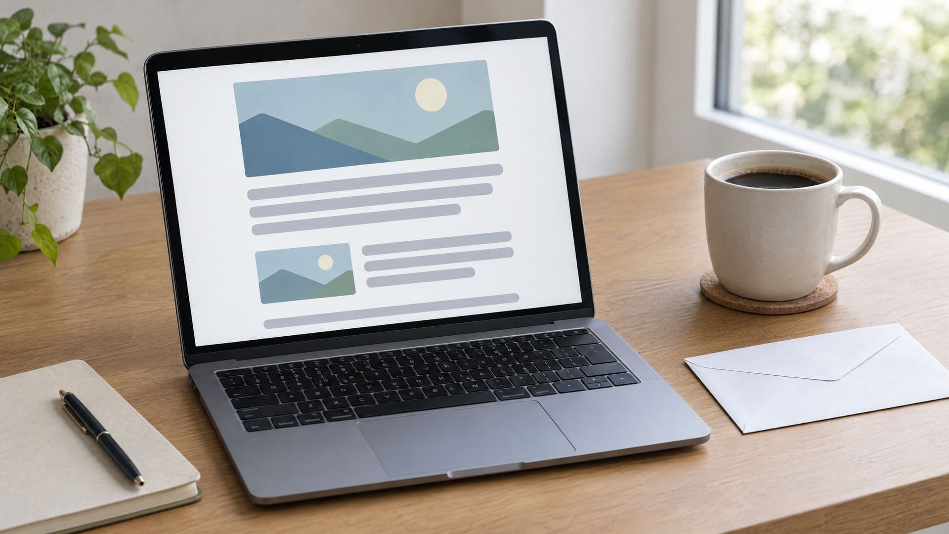 Laptop mit einem abstrakten Newsletter-Layout aus Bildblock und Textzeilen, daneben ein Briefumschlag und eine Kaffeetasse auf einem Schreibtisch, Text nicht lesbar
