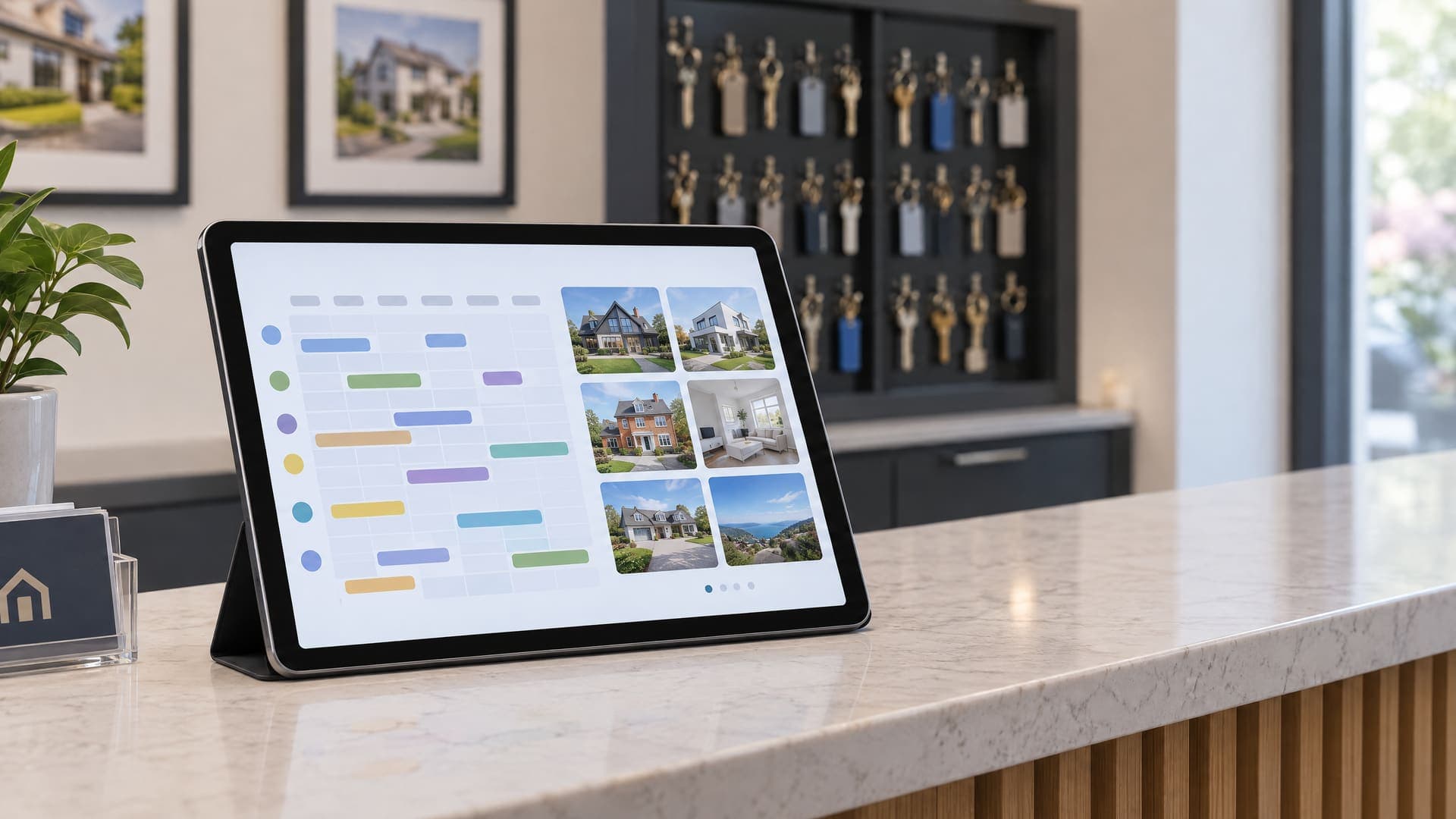 Tablet auf der Empfangstheke eines Maklerbüros mit einem abstrakten Wochenplan und einem Fotoraster, daneben ein Schlüsselkasten, Text nicht lesbar