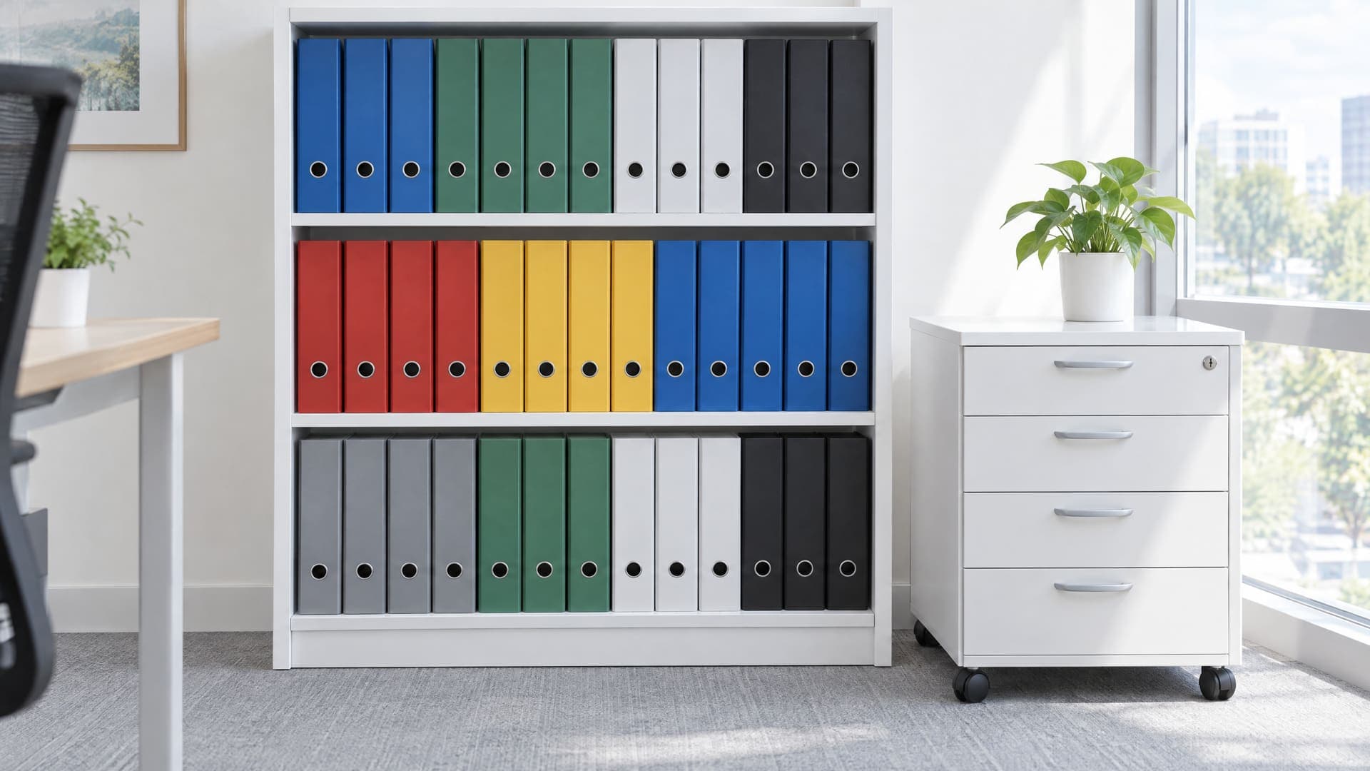 Regal mit gleichmäßig angeordneten Ordnern in einem hellen Büro, Rücken ohne Beschriftung, daneben ein Rollcontainer, keine Personen