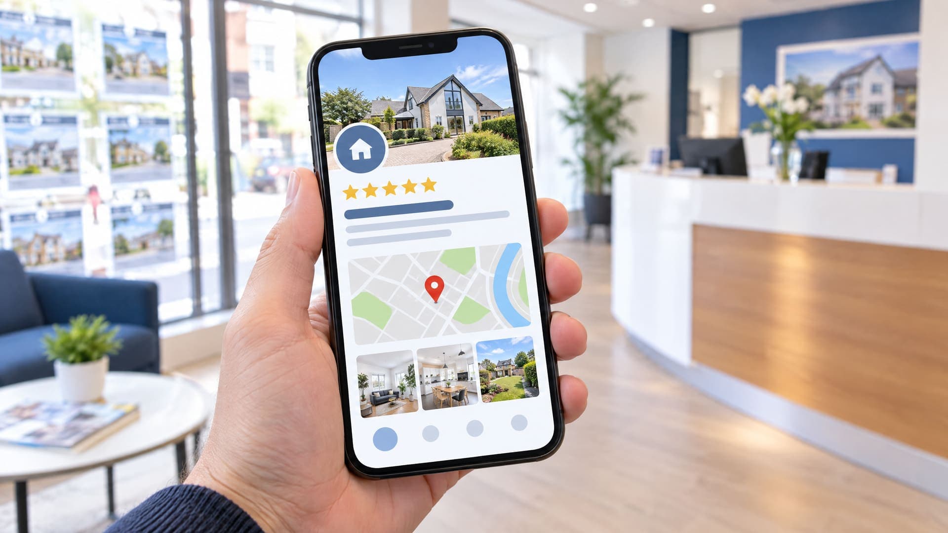 Hand hält ein Smartphone mit einem Unternehmensprofil aus Kartenausschnitt, Fotostreifen und goldenen Sternen, im unscharfen Hintergrund der helle Empfangsbereich eines Maklerbüros
