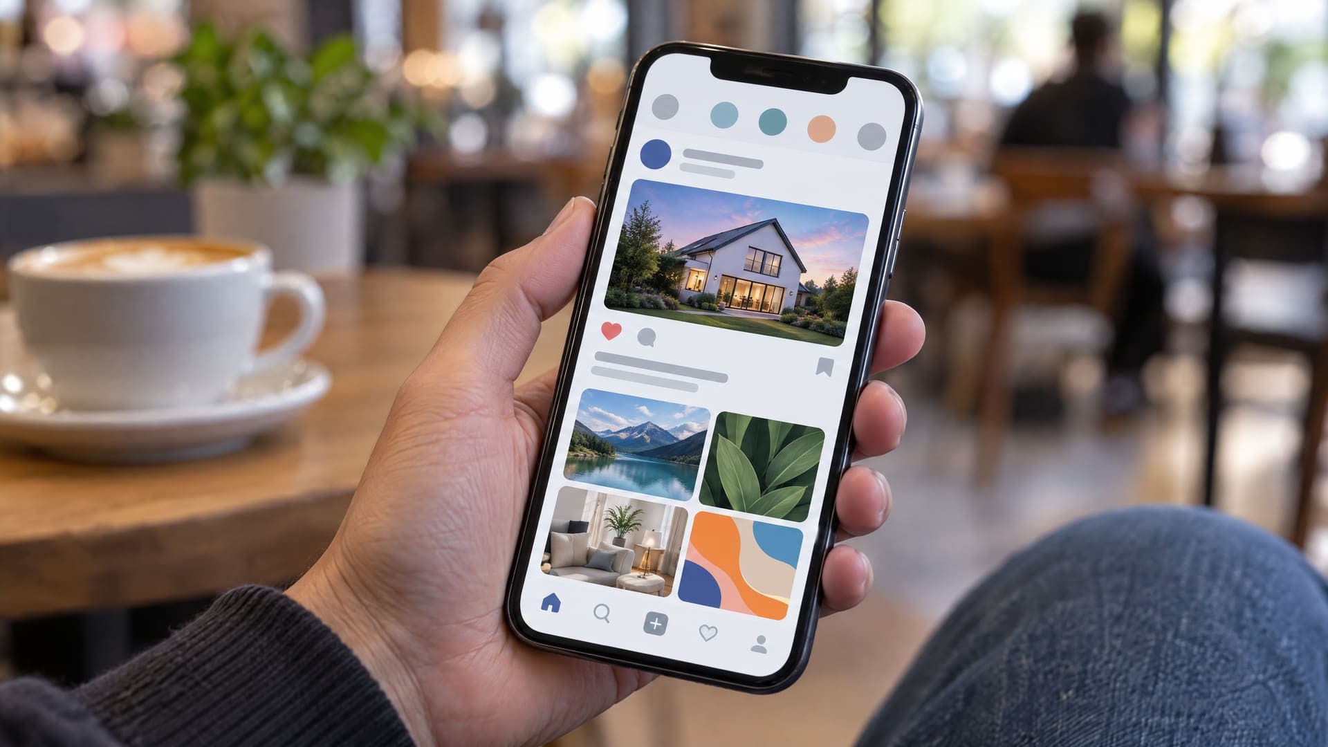 Hand hält ein Smartphone mit einem abstrakten Anzeigenfeed aus Bildkacheln mit einem Haus, im unscharfen Hintergrund ein Café, Text nicht lesbar