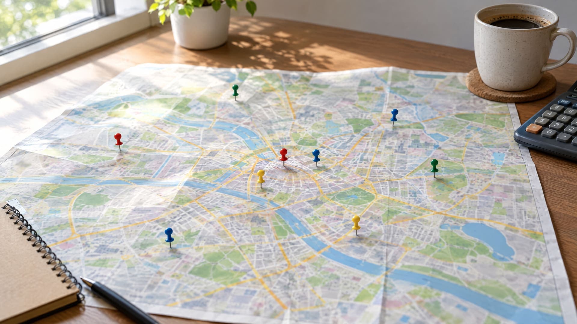 Papier-Stadtplan mit bunten Stecknadeln auf einem Schreibtisch, daneben eine Kaffeetasse und ein Taschenrechner, Beschriftungen nicht lesbar