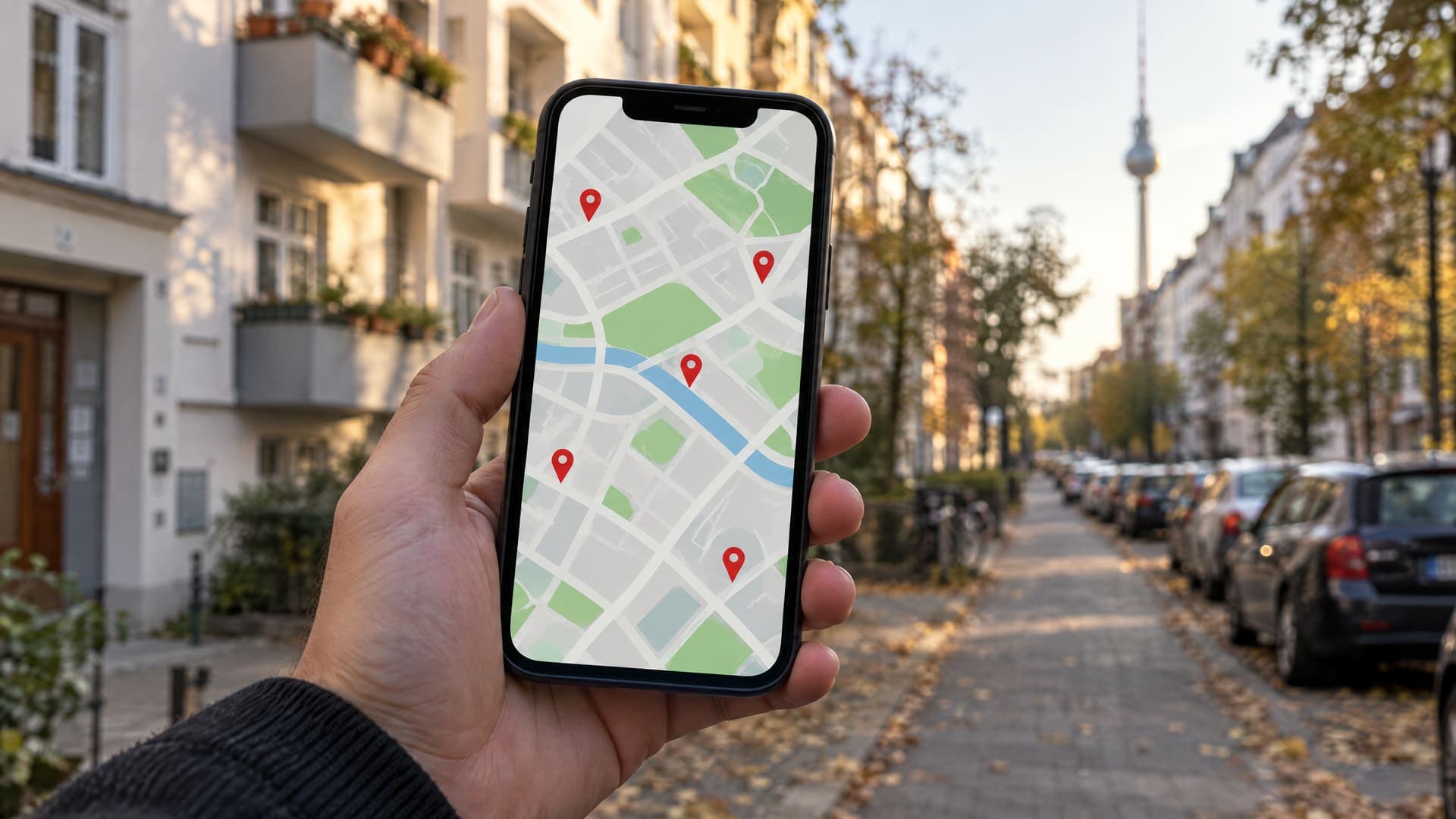 Hand hält ein Smartphone mit Kartenansicht und mehreren roten Markierungen, im unscharfen Hintergrund Wohnhäuser einer Berliner Straße am späten Nachmittag