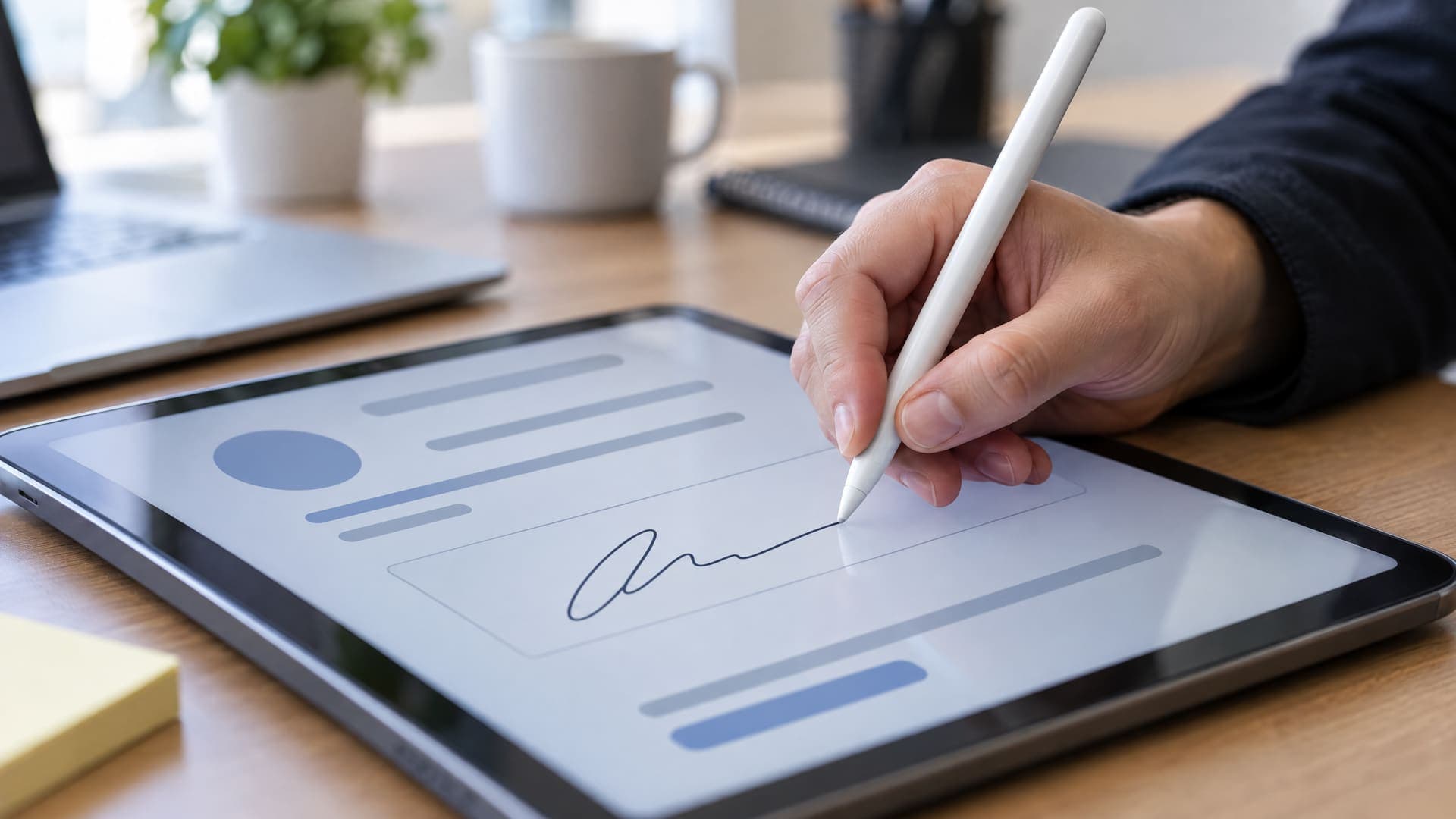 Hand unterschreibt mit einem Stift auf einem Tablet, auf dem nur abstrakte Linien und Felder zu sehen sind, im Hintergrund ein unscharfer Schreibtisch, kein lesbarer Text