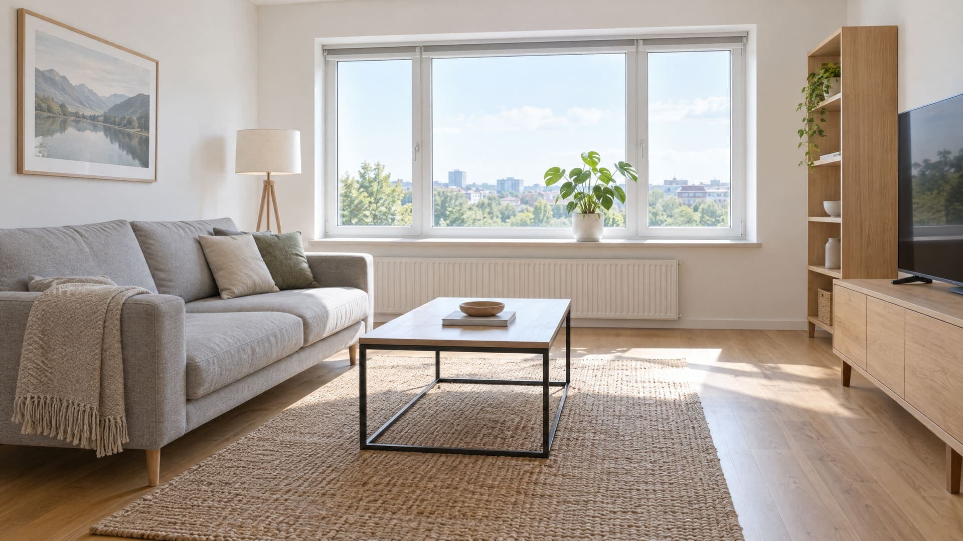Helles, aufgeräumtes Wohnzimmer mit Sofa, Fensterbank und einer einzelnen Pflanze im Tageslicht, keine persönlichen Gegenstände, keine Personen
