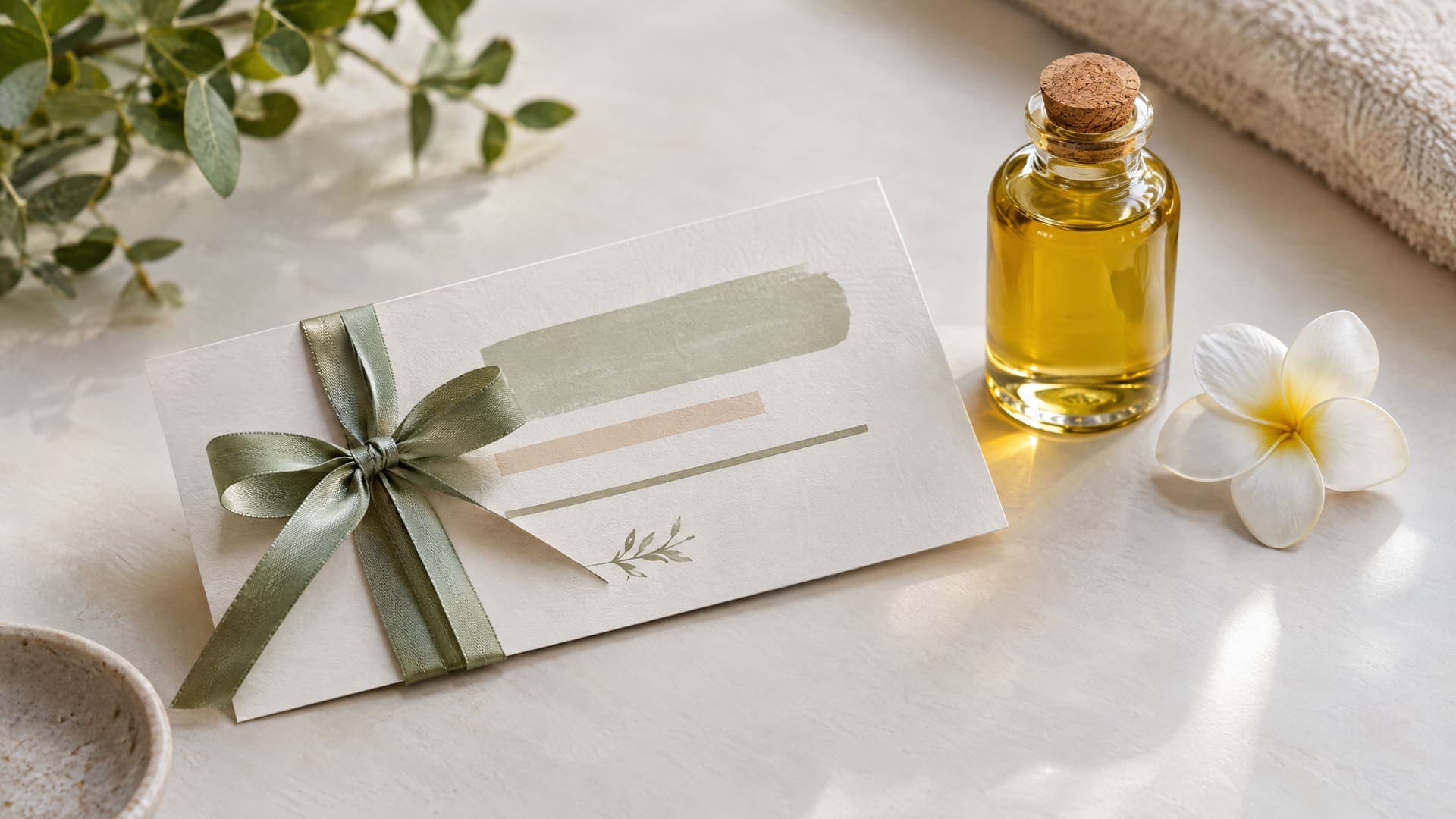 Eine Gutscheinkarte mit grünem Band und Schleife auf einem hellen Tisch, daneben eine kleine Ölflasche mit Korken und eine weiße Frangipani-Blüte