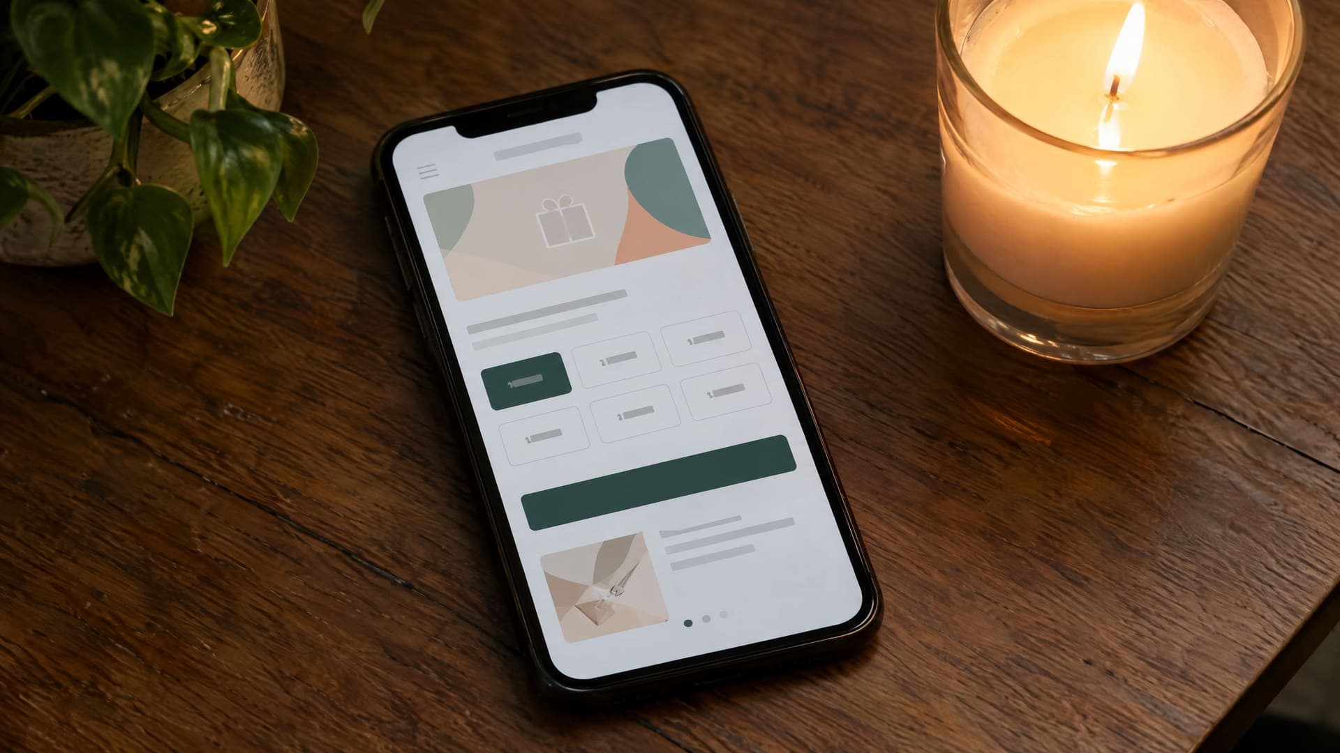 Smartphone mit abstrakter Gutschein-Bestellseite auf einem Holztisch, daneben eine brennende Kerze
