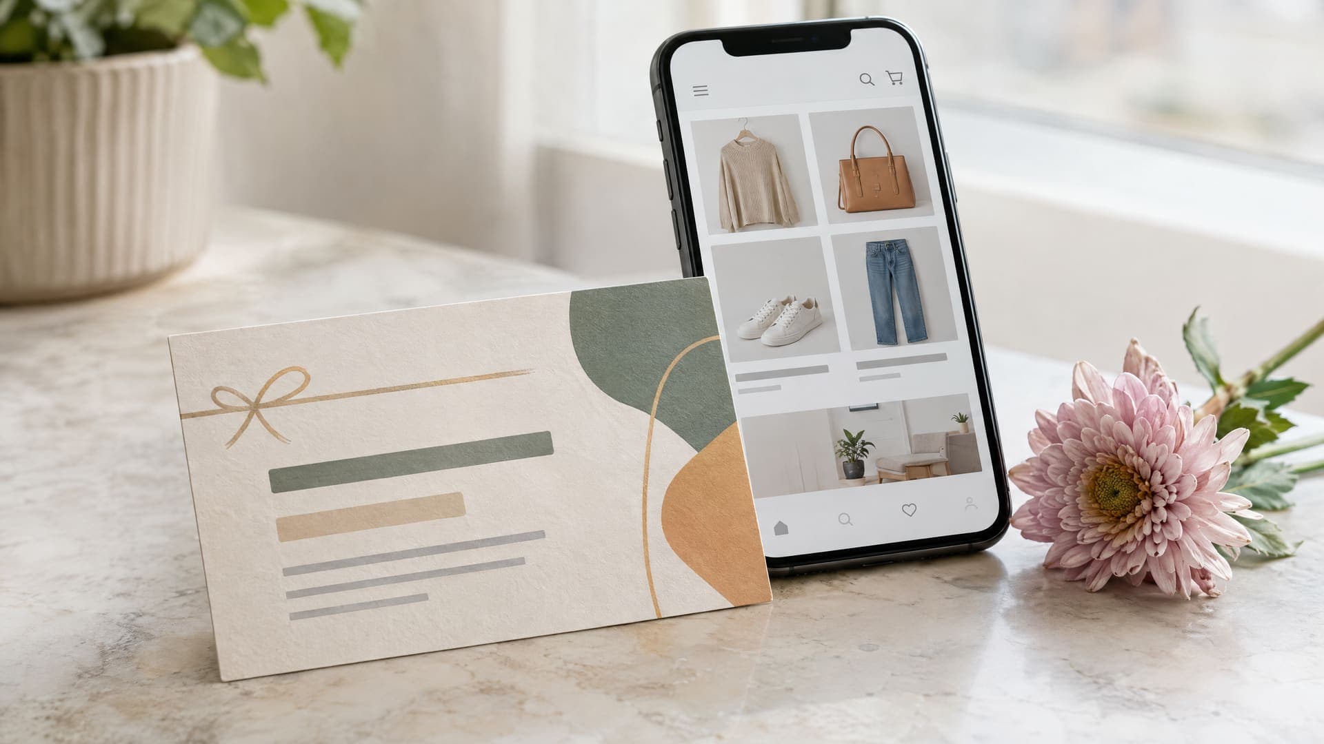 Gutscheinkarte und Smartphone mit Onlineshop neben einer rosa Blume auf einem hellen Tisch