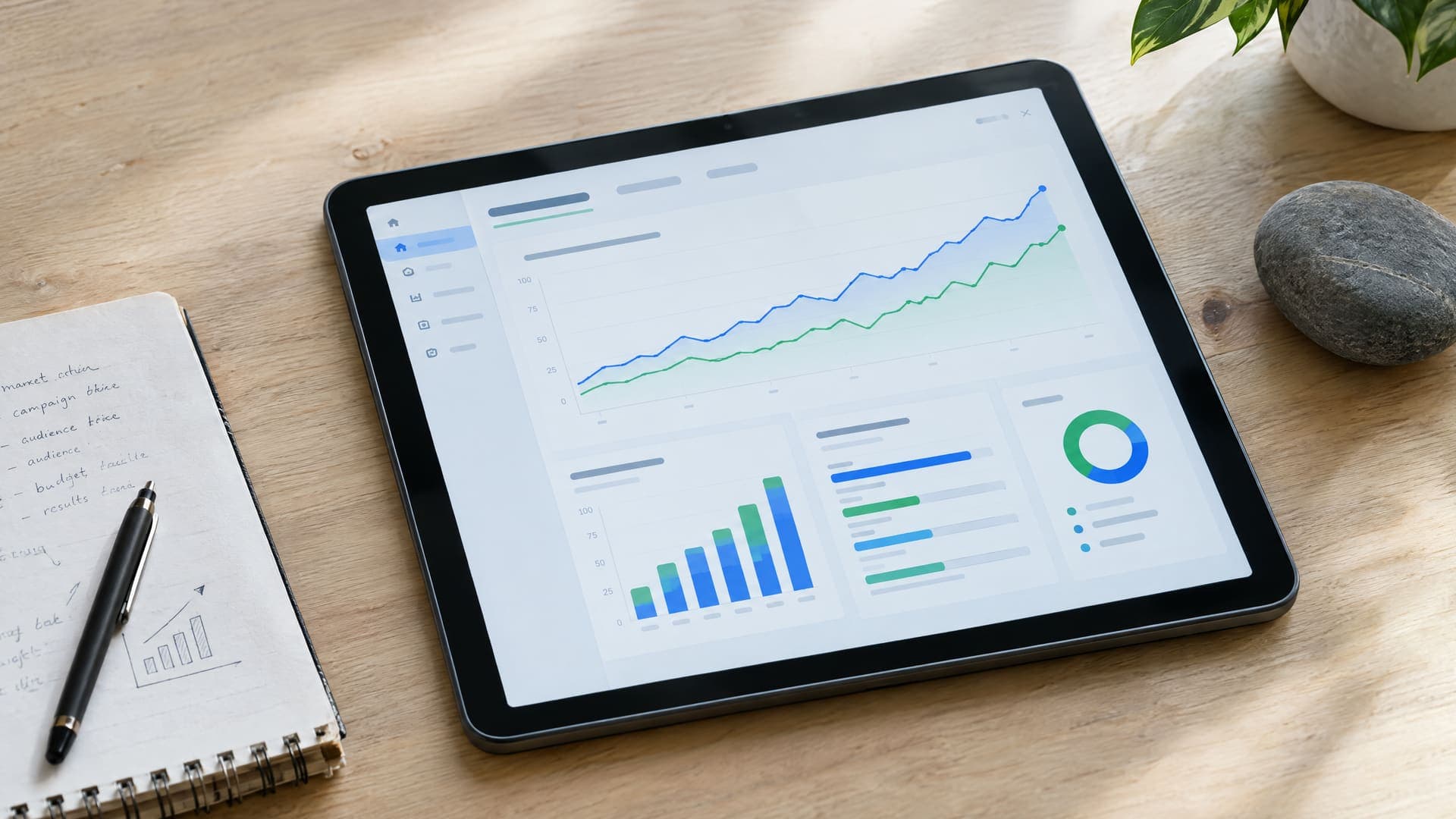 Tablet mit einem Dashboard aus Liniendiagramm, Balken und Ringdiagramm auf einem hellen Holztisch, daneben ein Notizbuch mit Stift und ein glatter Stein