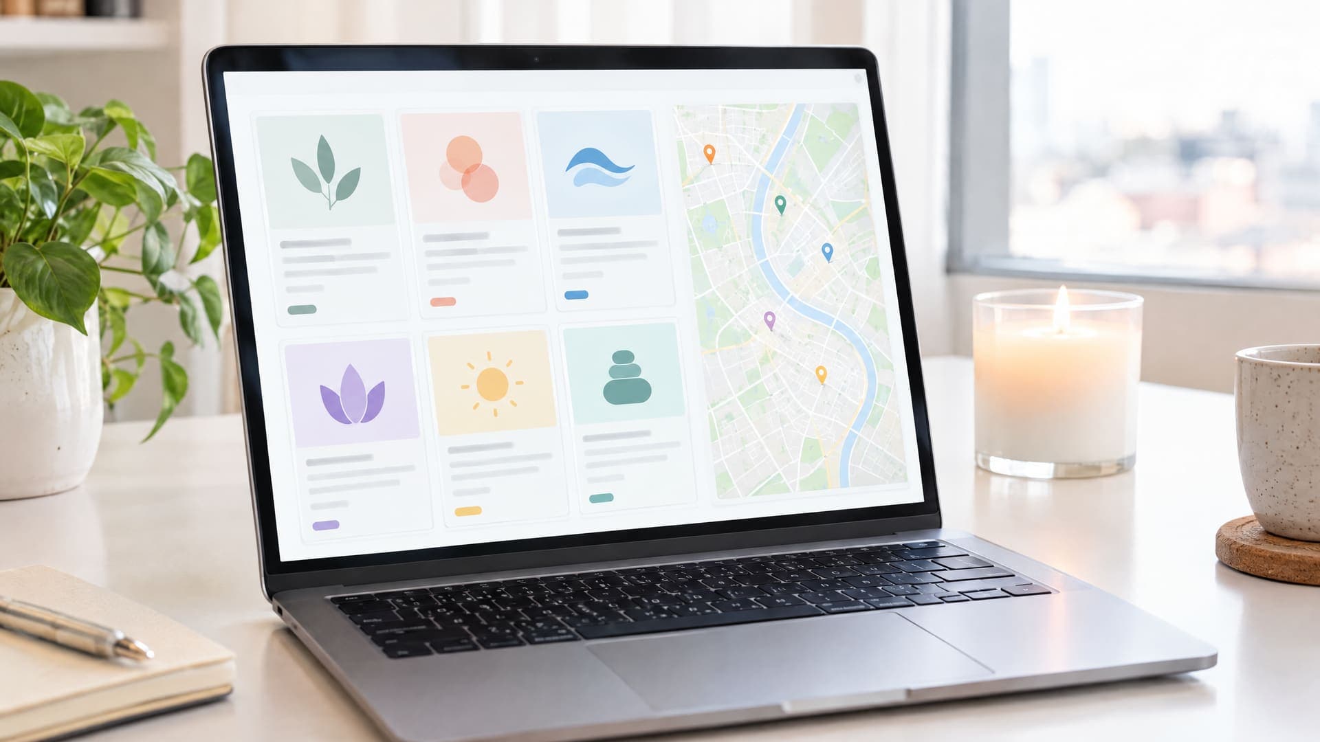 Laptop mit Behandlungskarten und Stadtplan eines Massagestudios, daneben eine Kerze und Notizen