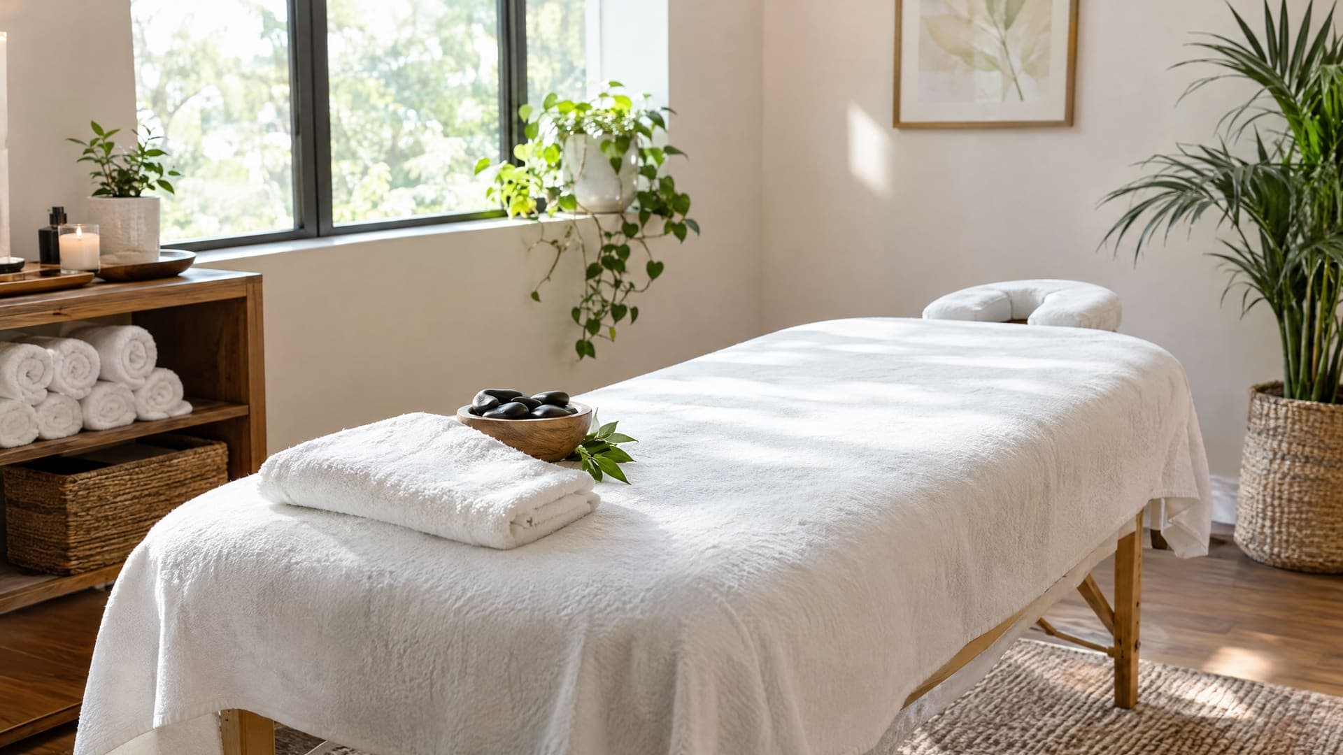 Heller ruhiger Behandlungsraum eines Massagestudios mit einer von einem weißen Handtuch bedeckten Massageliege, gefalteten Handtüchern, einer Schale mit glatten Steinen und einer Pflanze