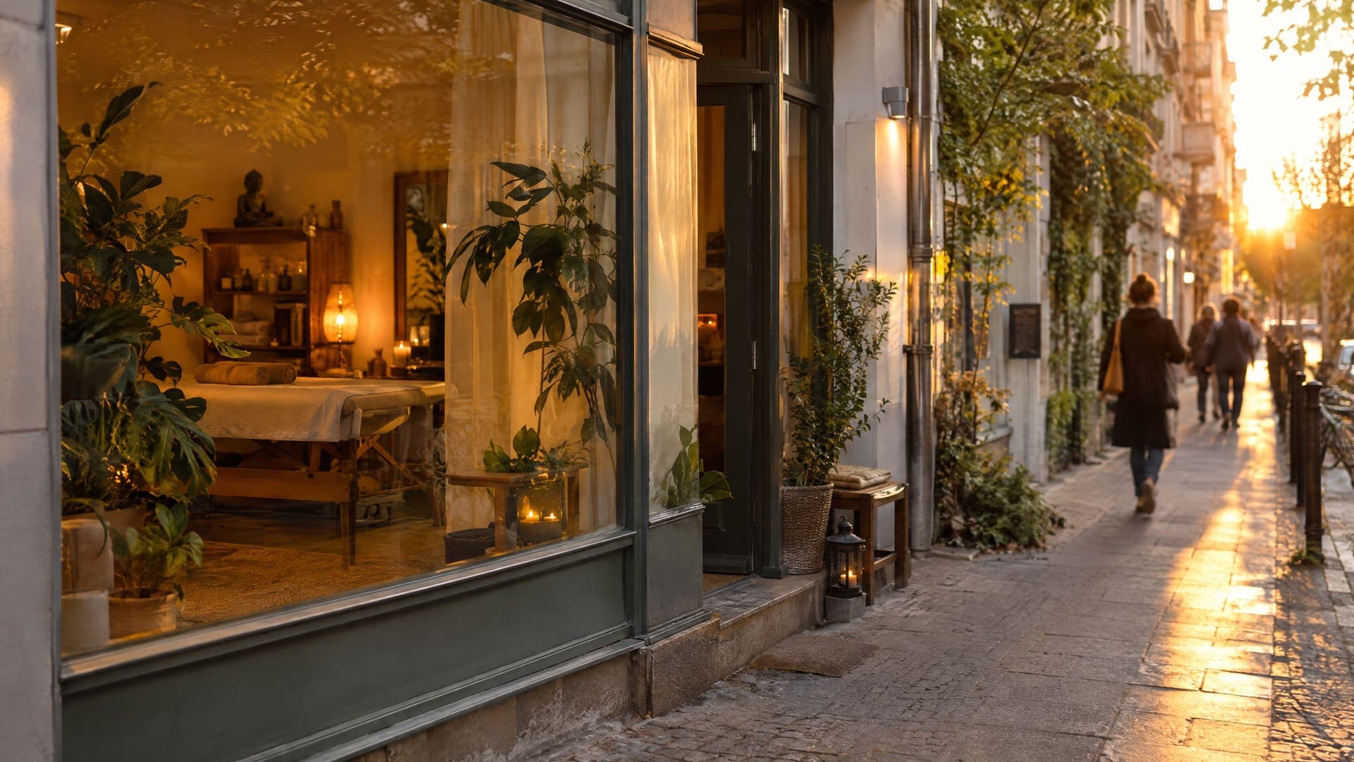 Kleines Massagestudio im Tagesspa-Stil in einer Berliner Seitenstraße im goldenen Abendlicht, großes Fenster mit Pflanzen und warmem Licht, ohne Schriftzug