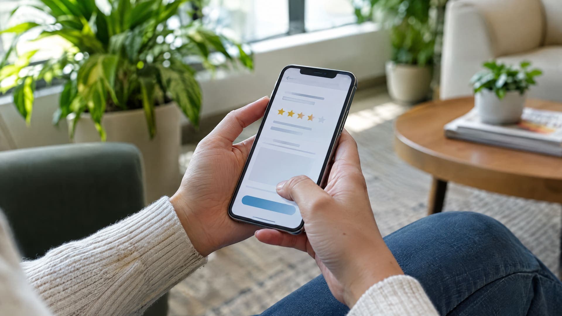 Hände halten ein Smartphone mit Bewertungsformular mit Sternen in einem ruhigen Wartebereich mit Pflanzen, Gesichter nicht sichtbar