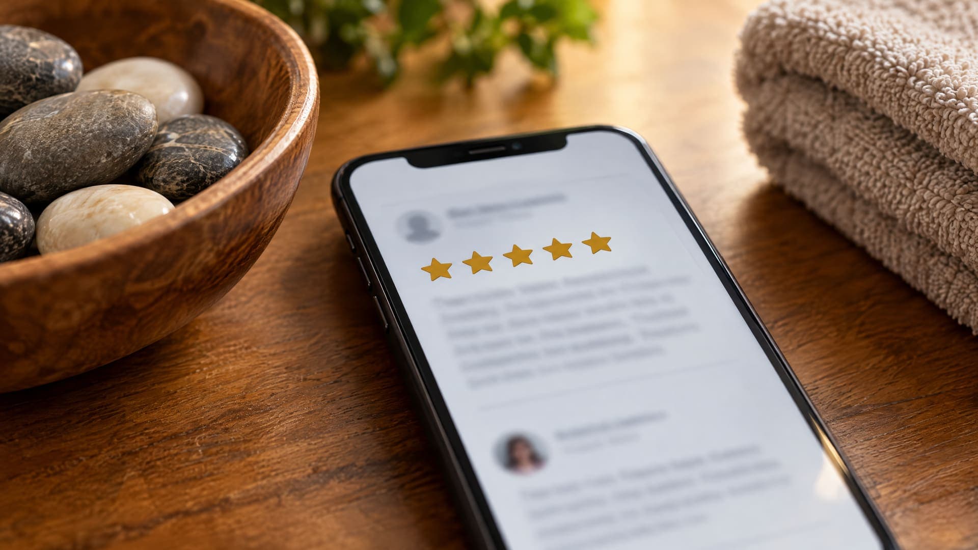 Smartphone mit fünf goldenen Sternen einer Bewertung neben einer Schale glatter Steine und einem gefalteten Handtuch auf einem Holztisch