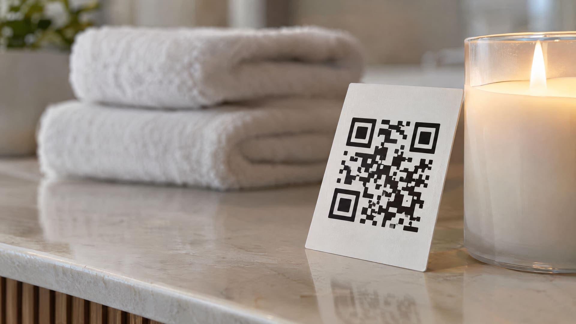 Kleine Karte mit abstraktem QR-Code vor einer Kerze auf einem Empfangstresen, gefaltete Handtücher unscharf im Hintergrund
