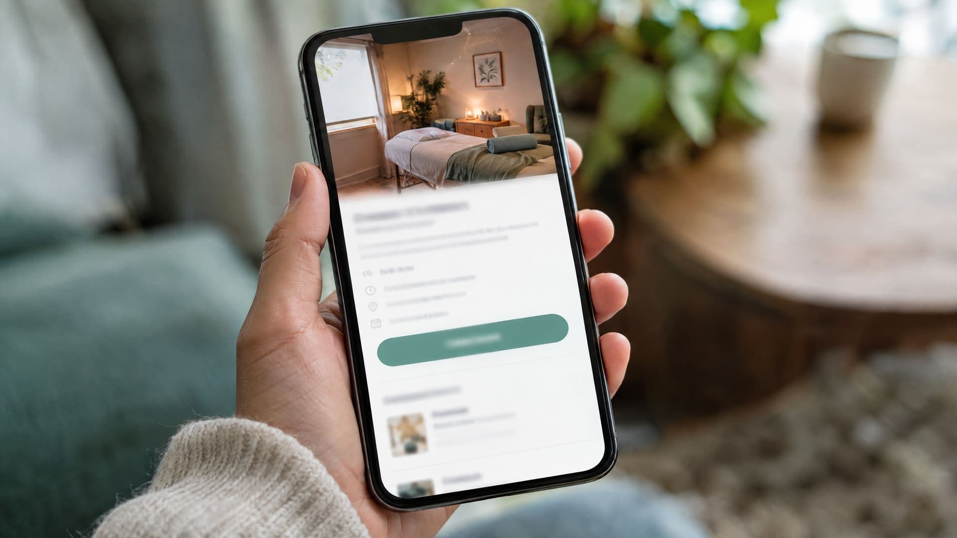 Hände halten ein Smartphone mit einer Buchungsseite, oben ein Foto eines Behandlungsraums, unten ein grüner Button zur Terminbuchung, im Hintergrund ein ruhiger Lounge-Bereich