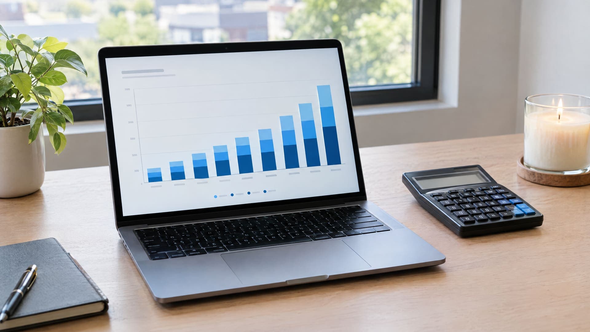 Laptop mit einem Diagramm aus ansteigenden blauen Balken für Buchungen, daneben ein Taschenrechner und eine Kerze