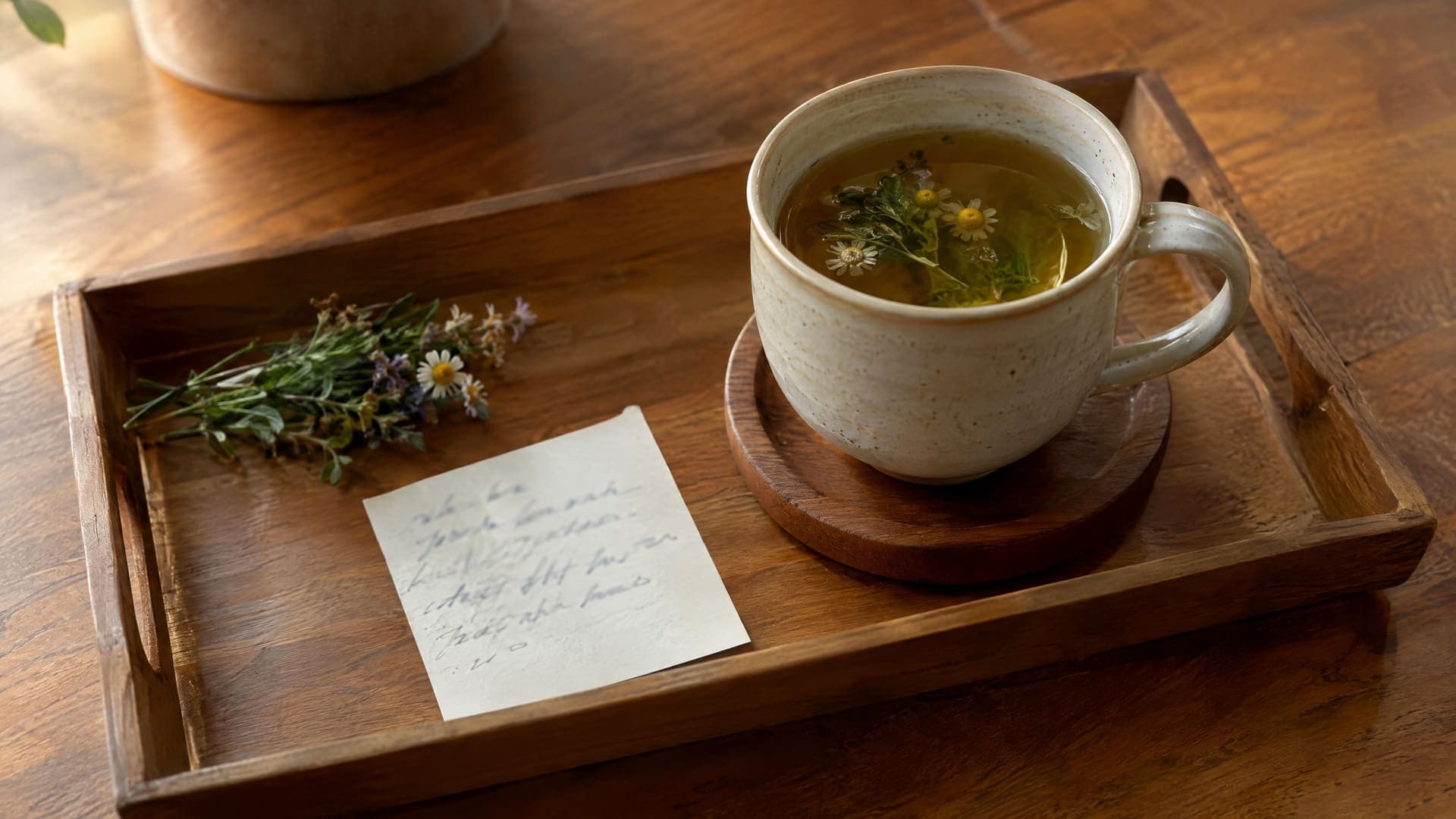 Holztablett mit einer Tasse Kräutertee, einem Kräuterzweig und einer handgeschriebenen Karte, unleserlich
