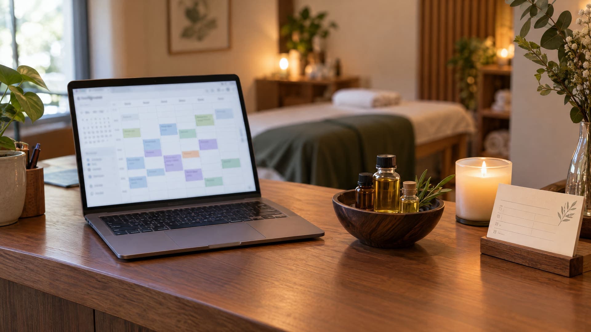 Empfangsschreibtisch eines Massagestudios mit Laptop und unscharfem Terminkalender, einer Schale Öl, einer Kerze und einer Terminkarte im warmen Licht