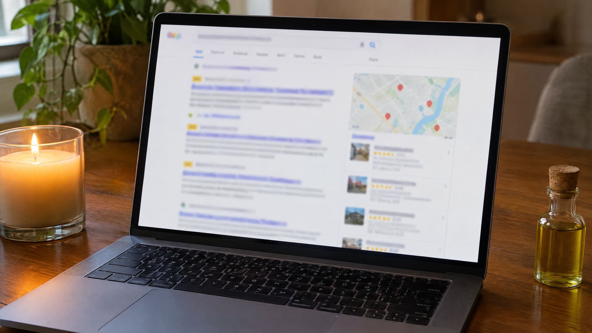 Laptop mit einer Google-Suchergebnisseite mit mehreren Anzeigen oben und einer Karte rechts, daneben eine Kerze und eine kleine Ölflasche