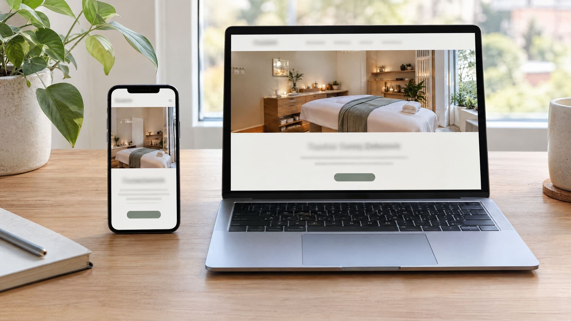 Smartphone und Laptop mit derselben Landingpage eines Massagestudios, links Foto eines Behandlungsraums mit Button, auf einem Tisch mit Pflanze