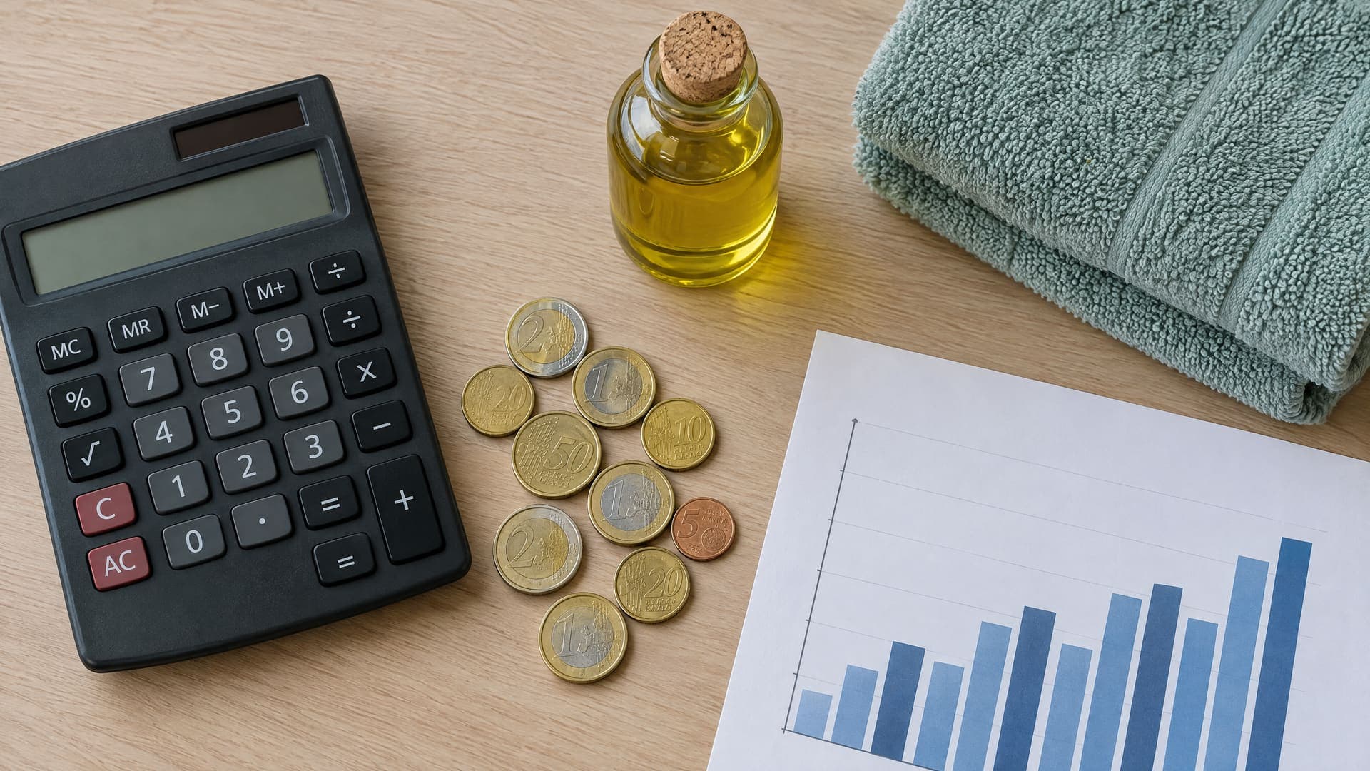 Draufsicht auf einen Taschenrechner, Euro-Münzen, eine kleine Ölflasche, ein gefaltetes Handtuch und ein Blatt mit Balkendiagramm auf einem hellen Tisch