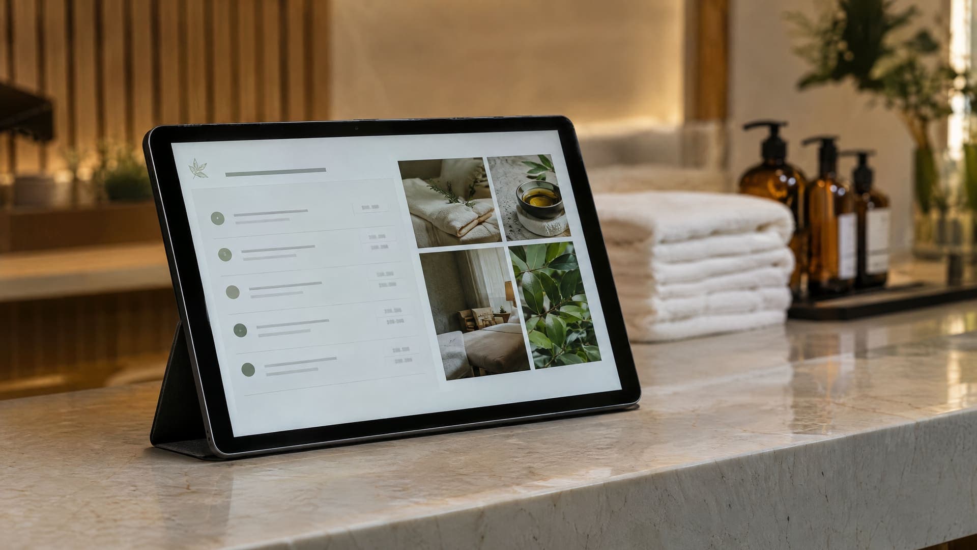 Tablet auf einem Empfangstresen mit abstraktem Öffnungszeitenplan und Fotoraster, gefaltete Handtücher und Ölflaschen unscharf im Hintergrund