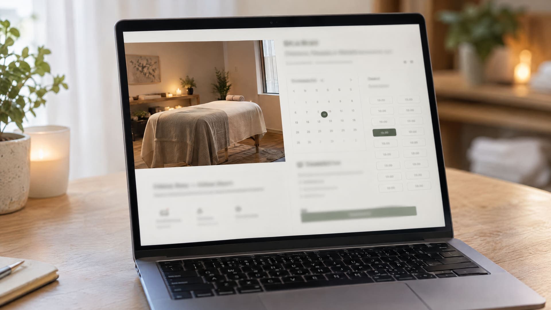 Laptop mit der Website eines Massagestudios, links ein Foto des Behandlungsraums, rechts ein Kalender mit auswählbaren Zeitfenstern, daneben eine Pflanze